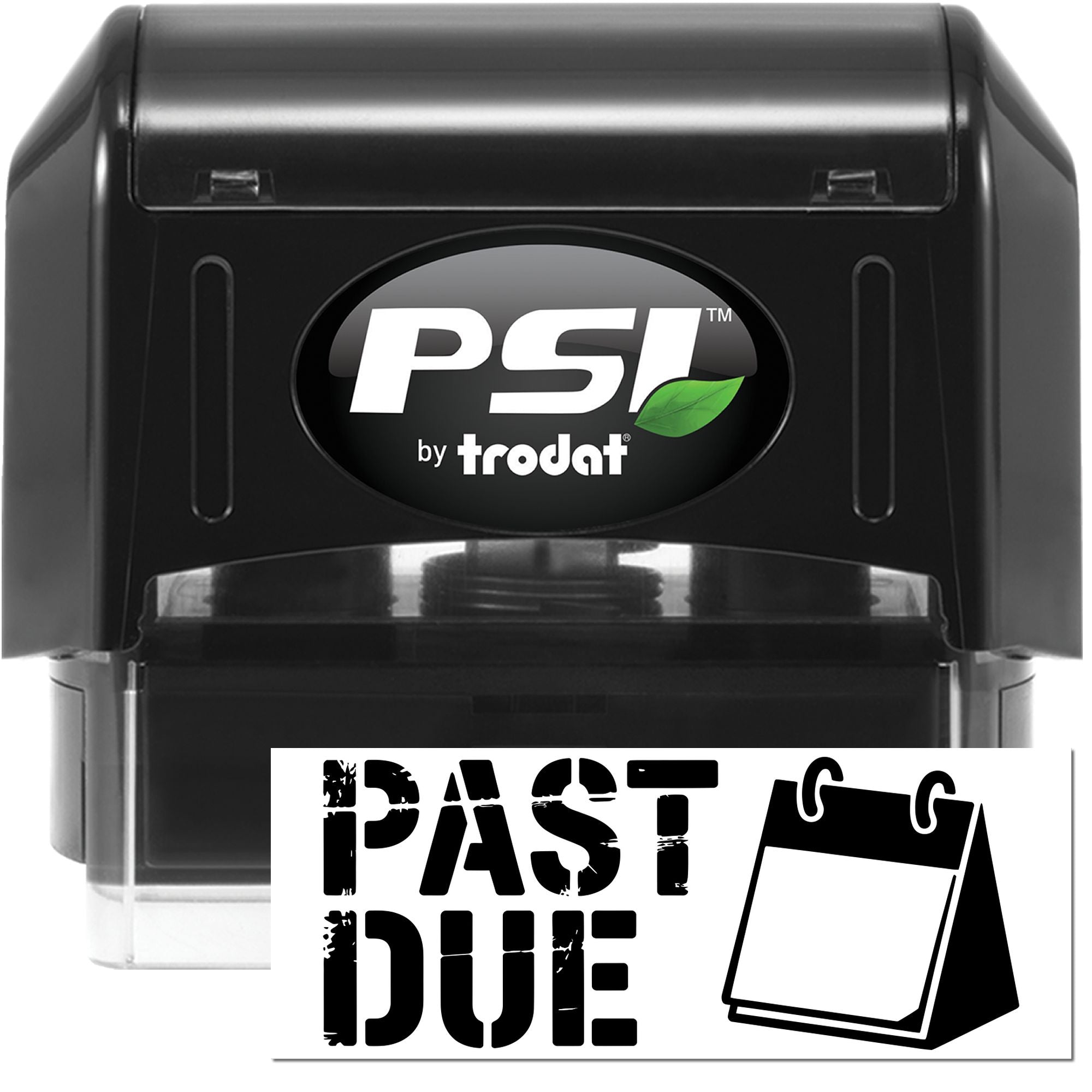 Black PSI by Trodat self-inking stamp with PAST DUE seal, black and white design for marking overdue documents.