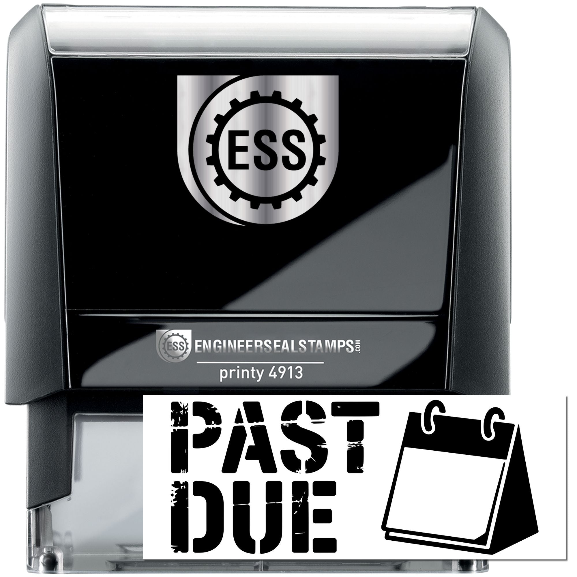 Black self-inking engineer seal stamp with silver top, ESS logo, and bold PAST DUE imprint