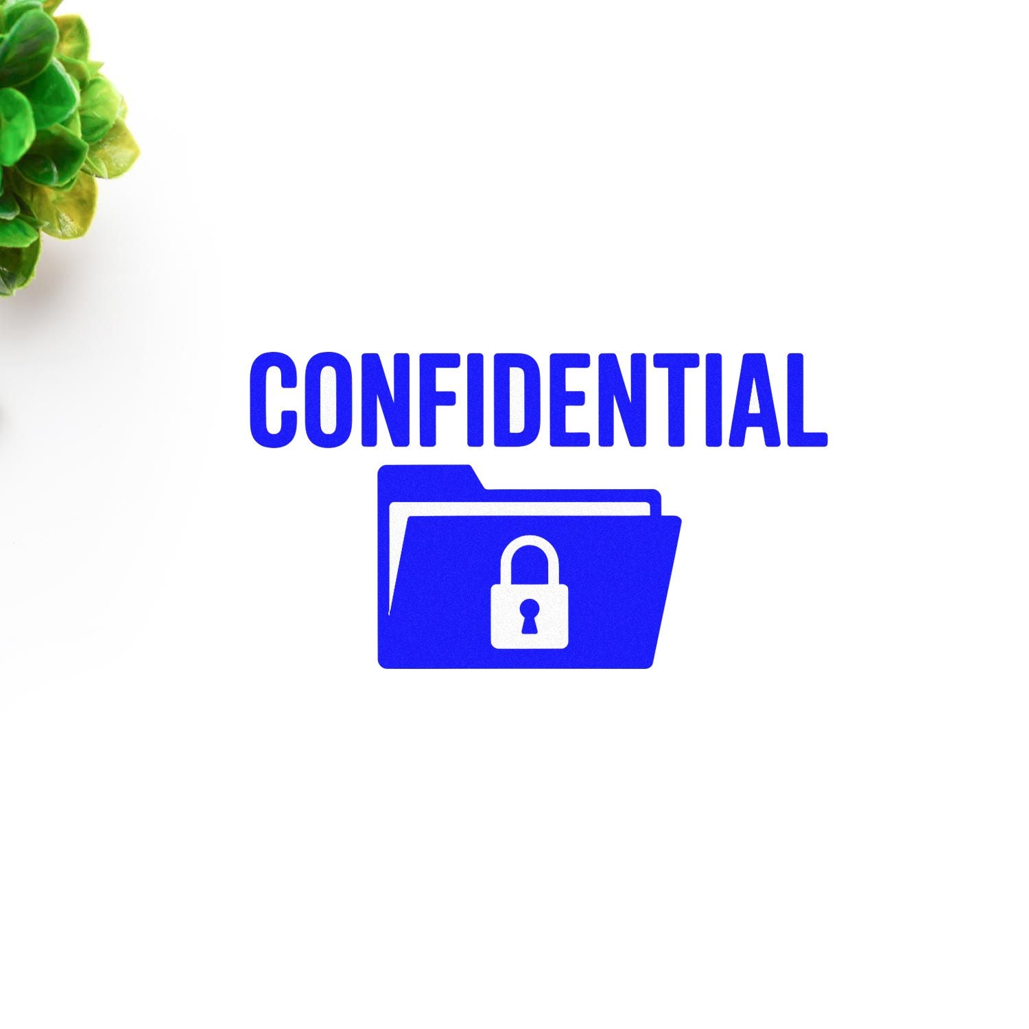 Blue confidential stamp and seal with locked folder icon on white background, green plant accent