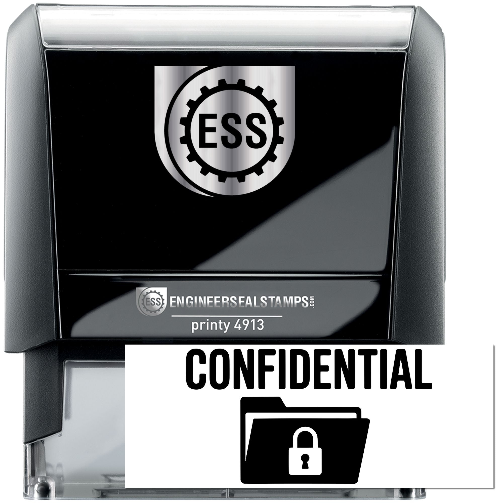Black and silver ESS Engineer Seal stamp with CONFIDENTIAL folder seal and clear plastic case.