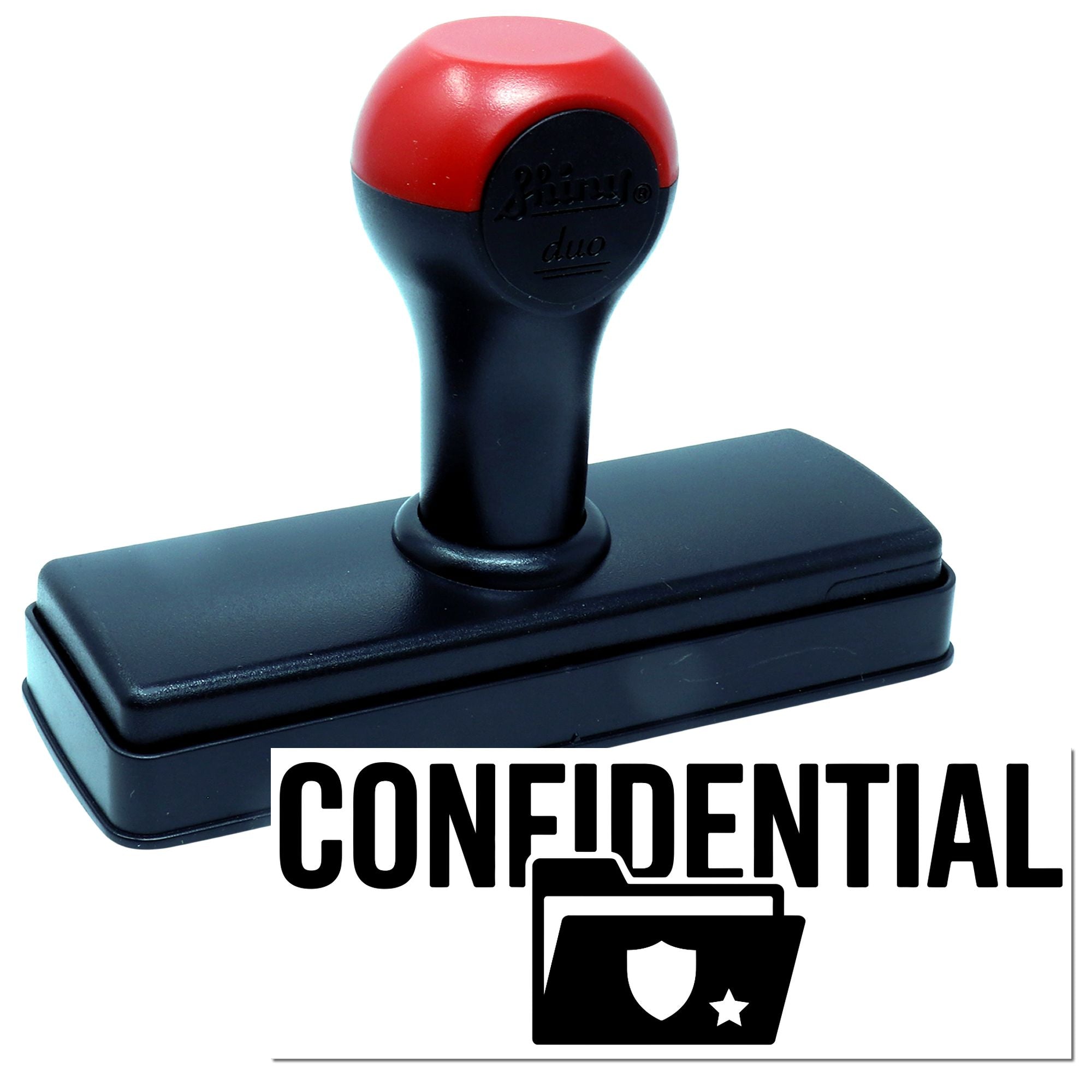 Red and black self-inking confidential stamp seal with black base and shield icon