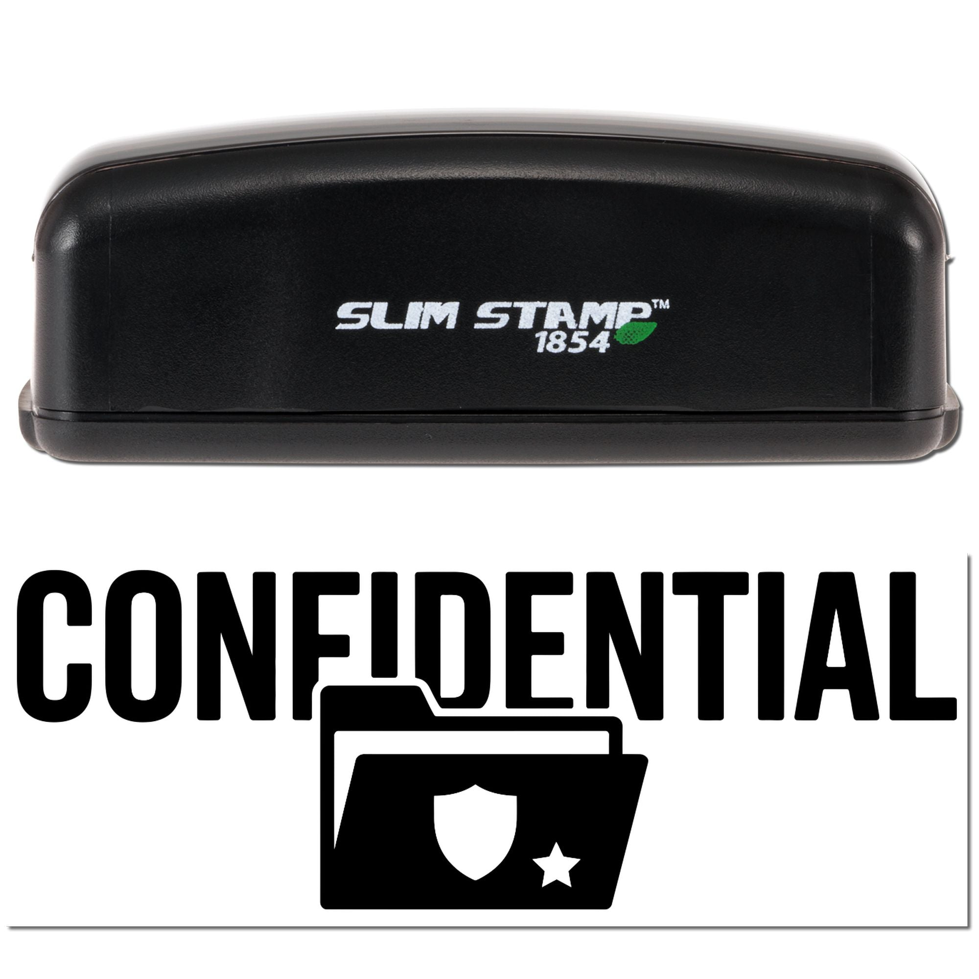Black Slim Stamp 1854 confidential self-inking stamp and seal with shield icon on white background.