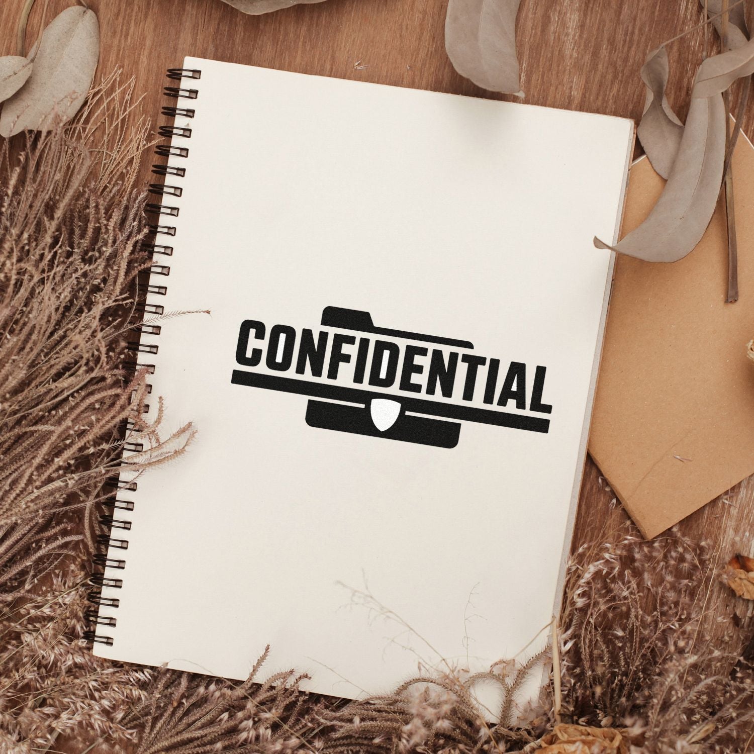 White spiral notebook with black CONFIDENTIAL stamp seal on a warm brown wood background with beige dried botanicals.