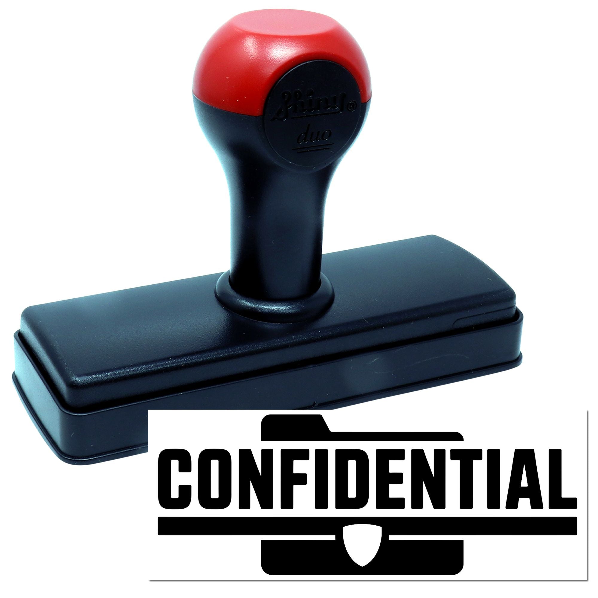 Red and black self-inking confidentiality stamp with rectangular base and bold CONFIDENTIAL seal.