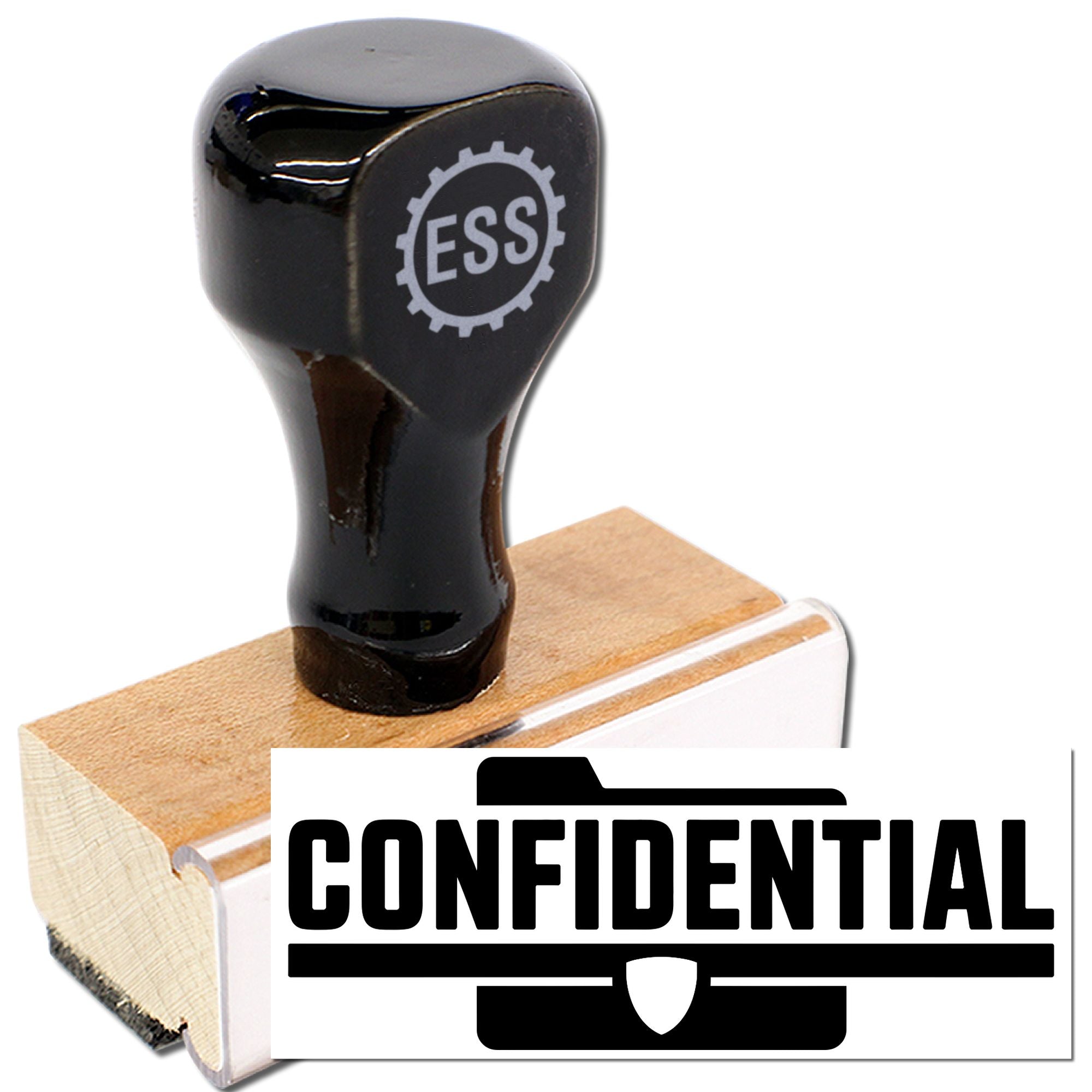 Black ESS rubber stamp on wooden base with CONFIDENTIAL security seal, bold black text and gear logo.