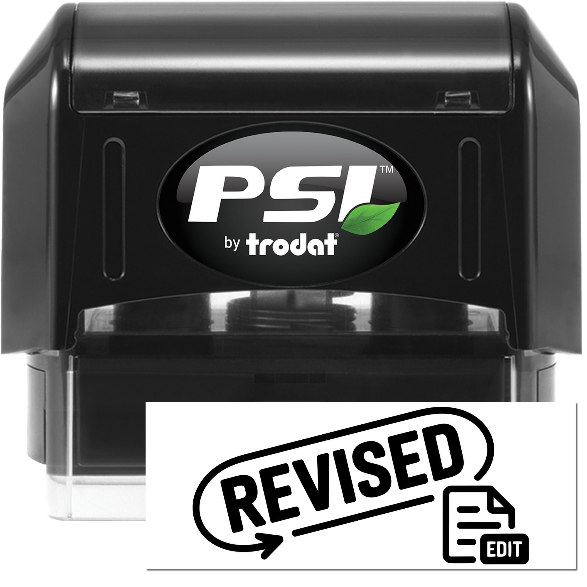 Black PSI by Trodat self-inking stamp and seal with green leaf logo and revised imprint.