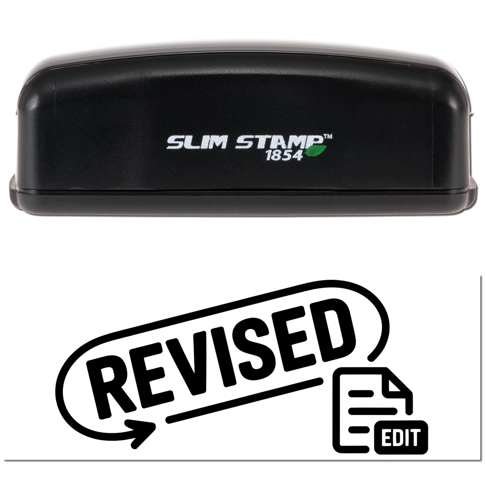 Black Slim Stamp 1854 self-inking stamp with green logo above a bold REVISED office seal.