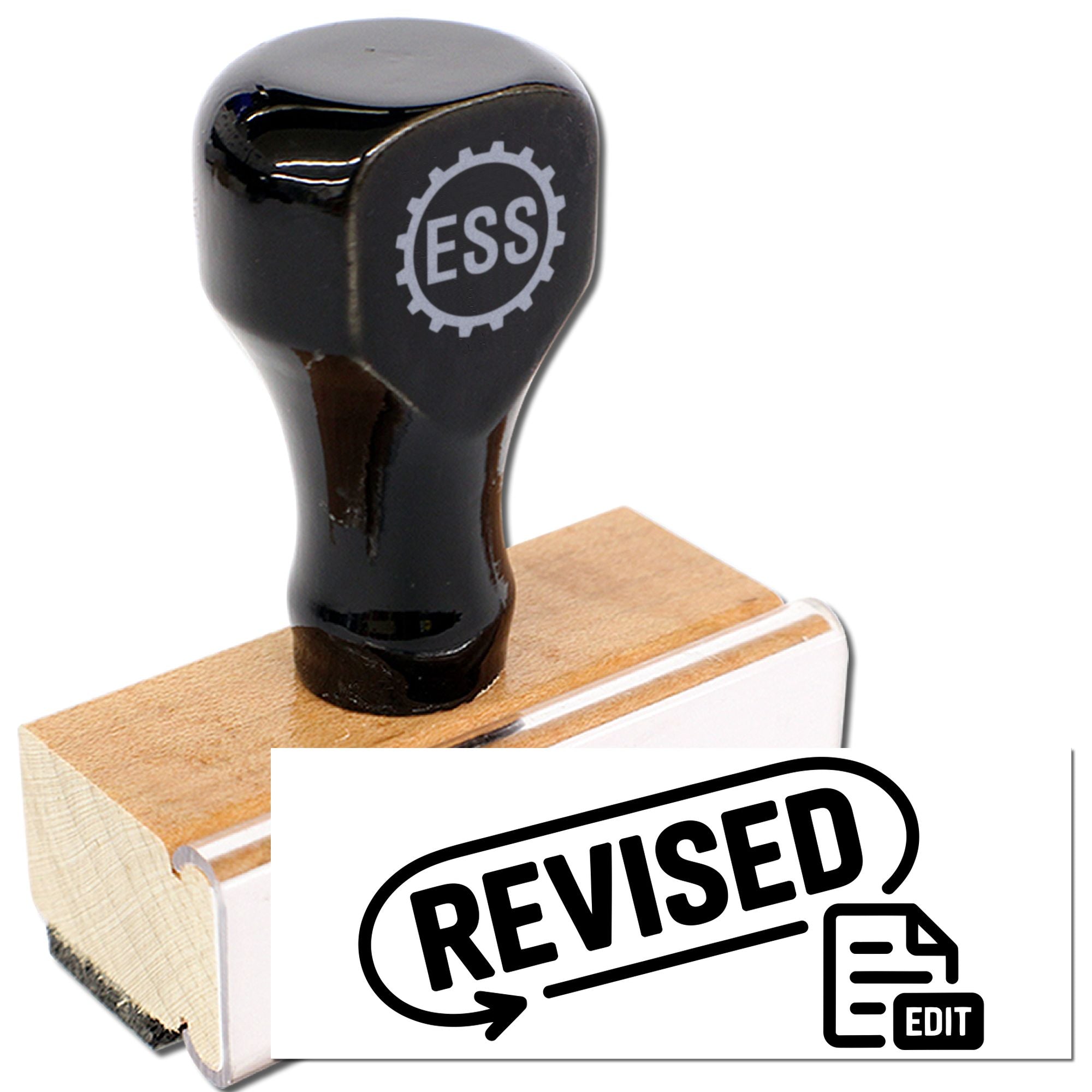 Black rubber stamp on light wood base with ESS logo and white REVISED seal mark