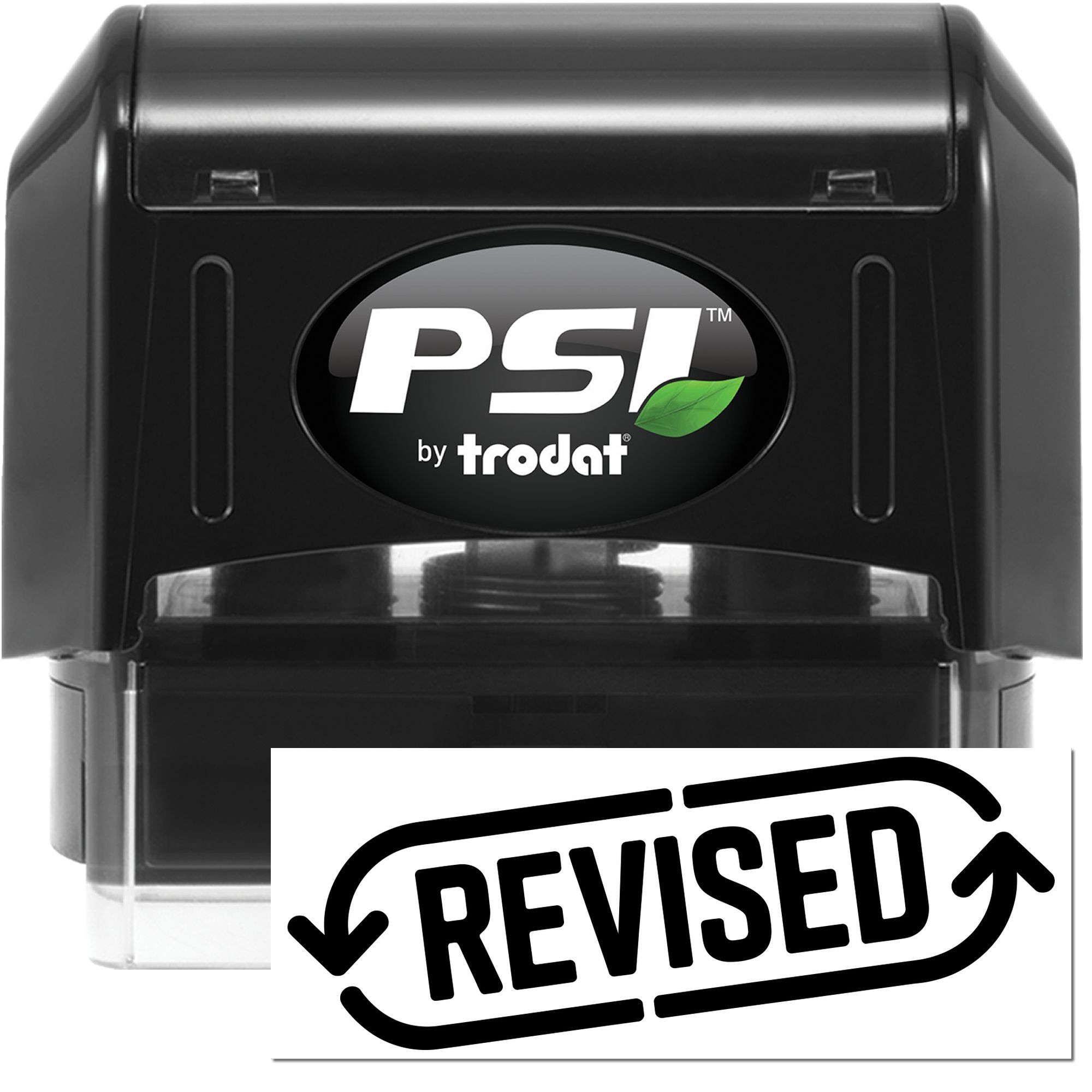 Black PSI by Trodat self-inking stamp with green leaf logo and bold REVISED seal.