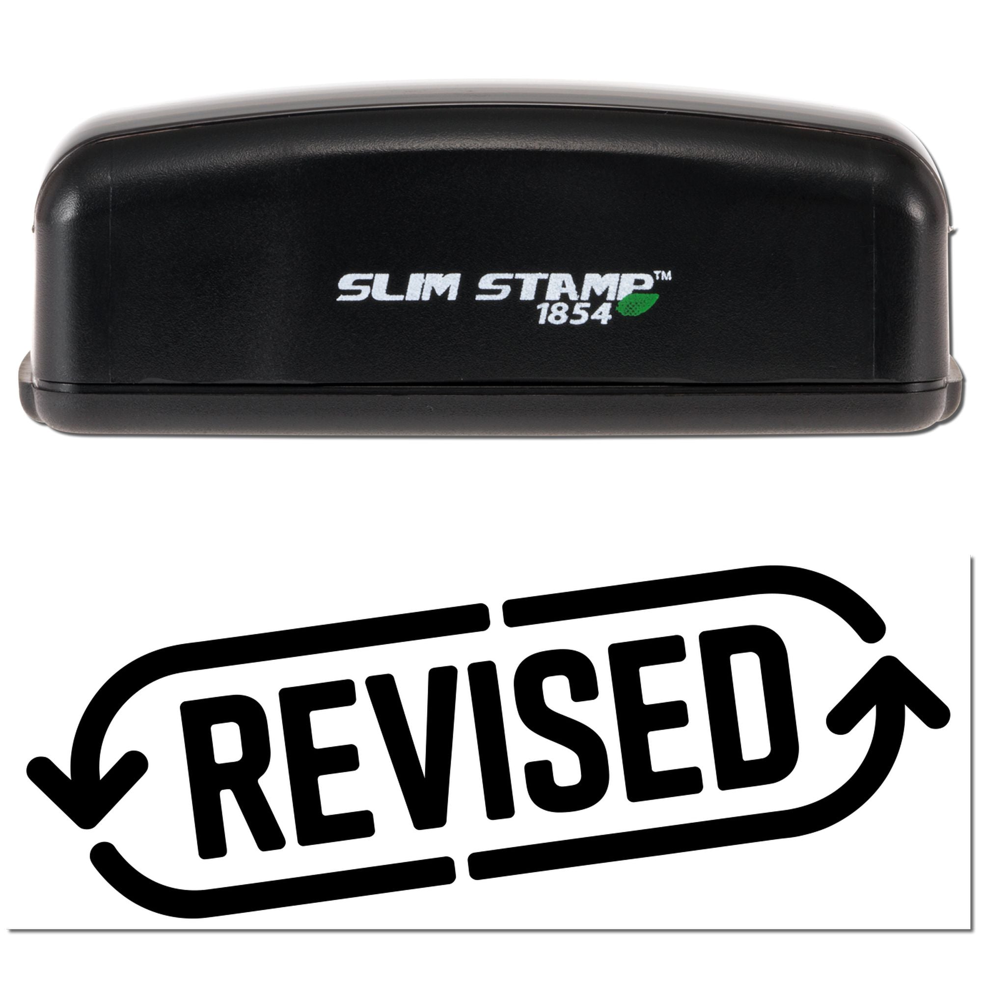 Black Slim Stamp 1854 self-inking stamp with white logo and green leaf, above a bold black REVISED seal.