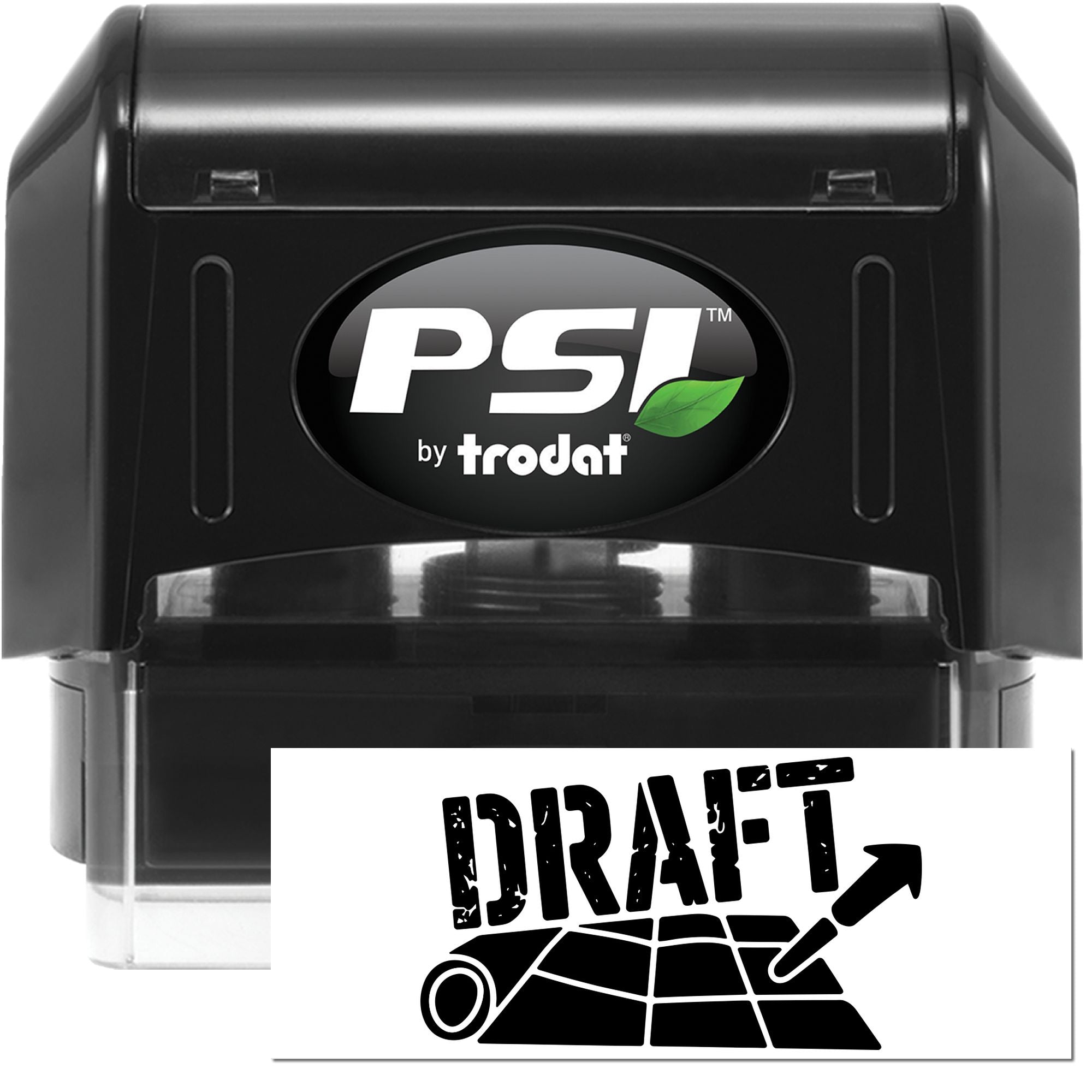 Black PSI by Trodat self-inking stamp with draft seal insert, green leaf logo, and clear base.