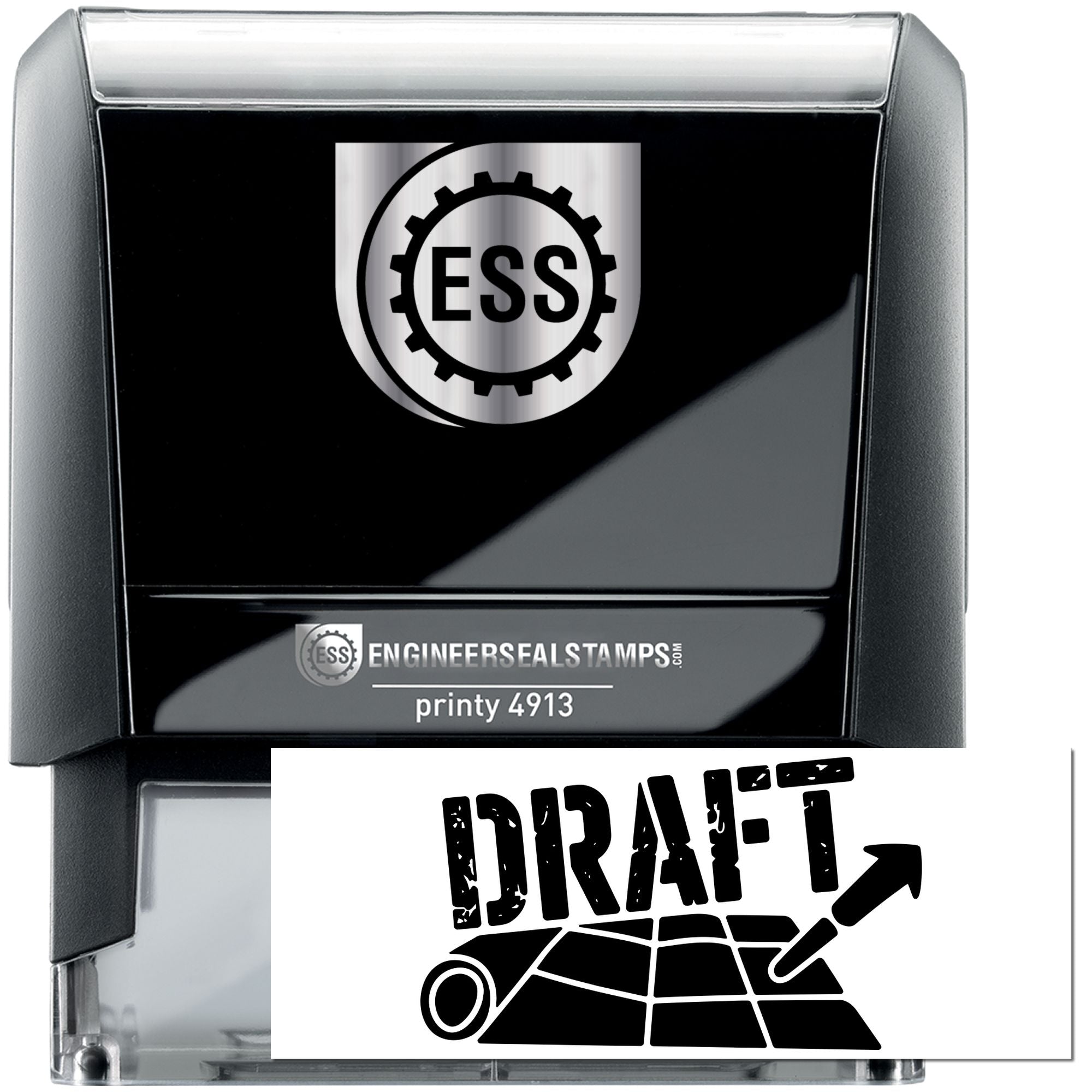 Black self-inking engineer seal stamp with silver ESS logo and Draft mark on clear case