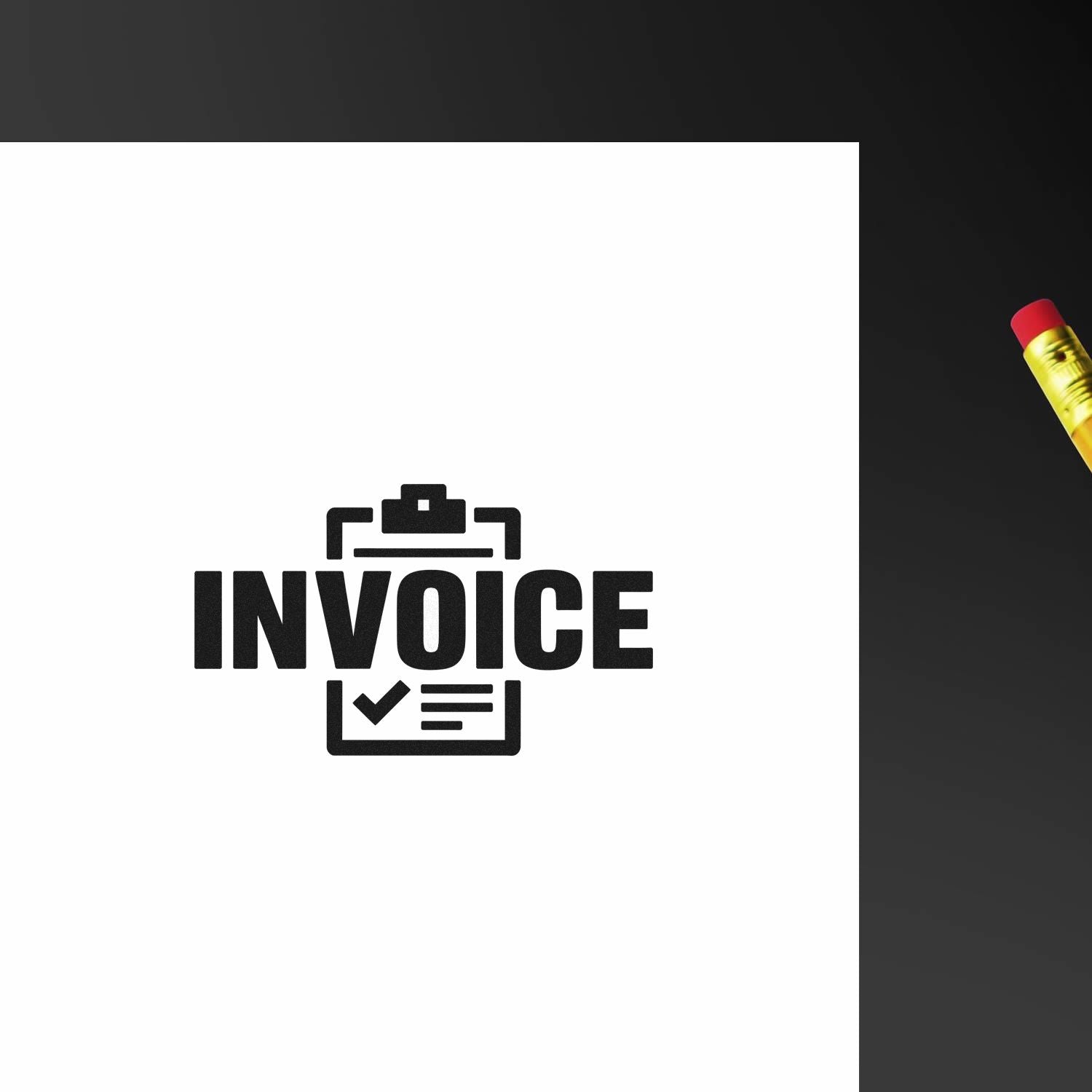 Black INVOICE stamp with clipboard icon on white paper, beside a yellow-red pencil on a dark background.