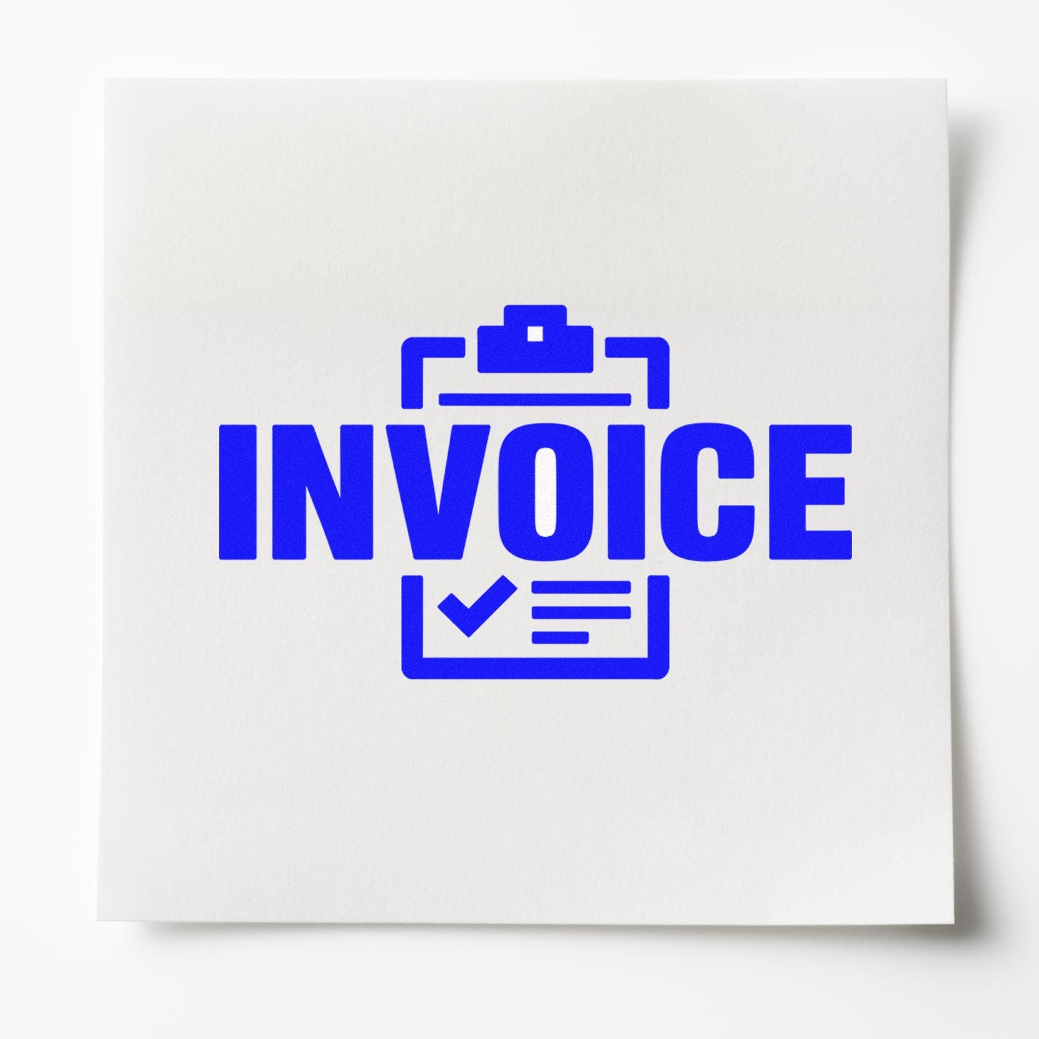 Blue invoice stamp and seal icon with clipboard and checkmark on white background