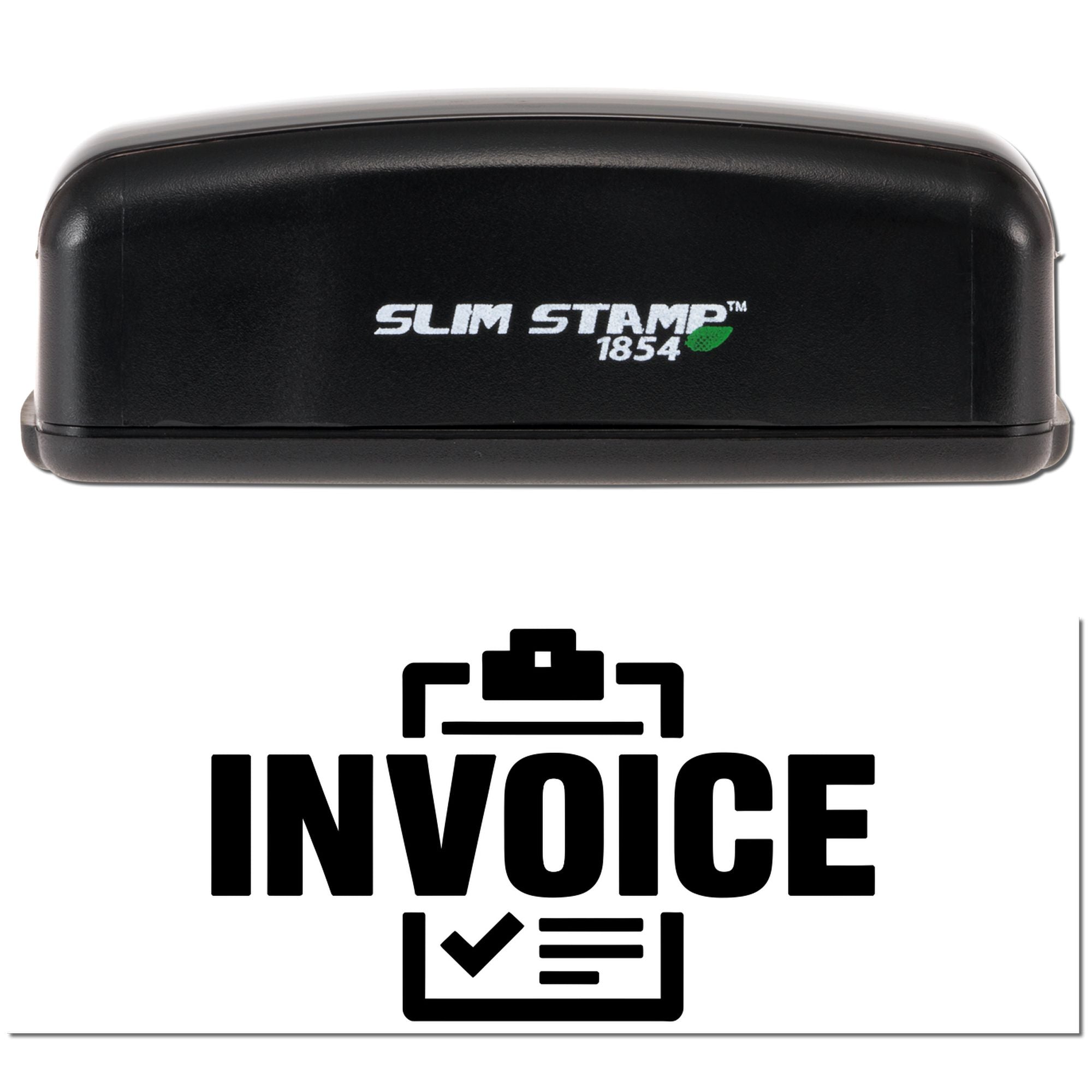 Black Slim Stamp 1854 stamp and seal embosser with invoice icon on white background.