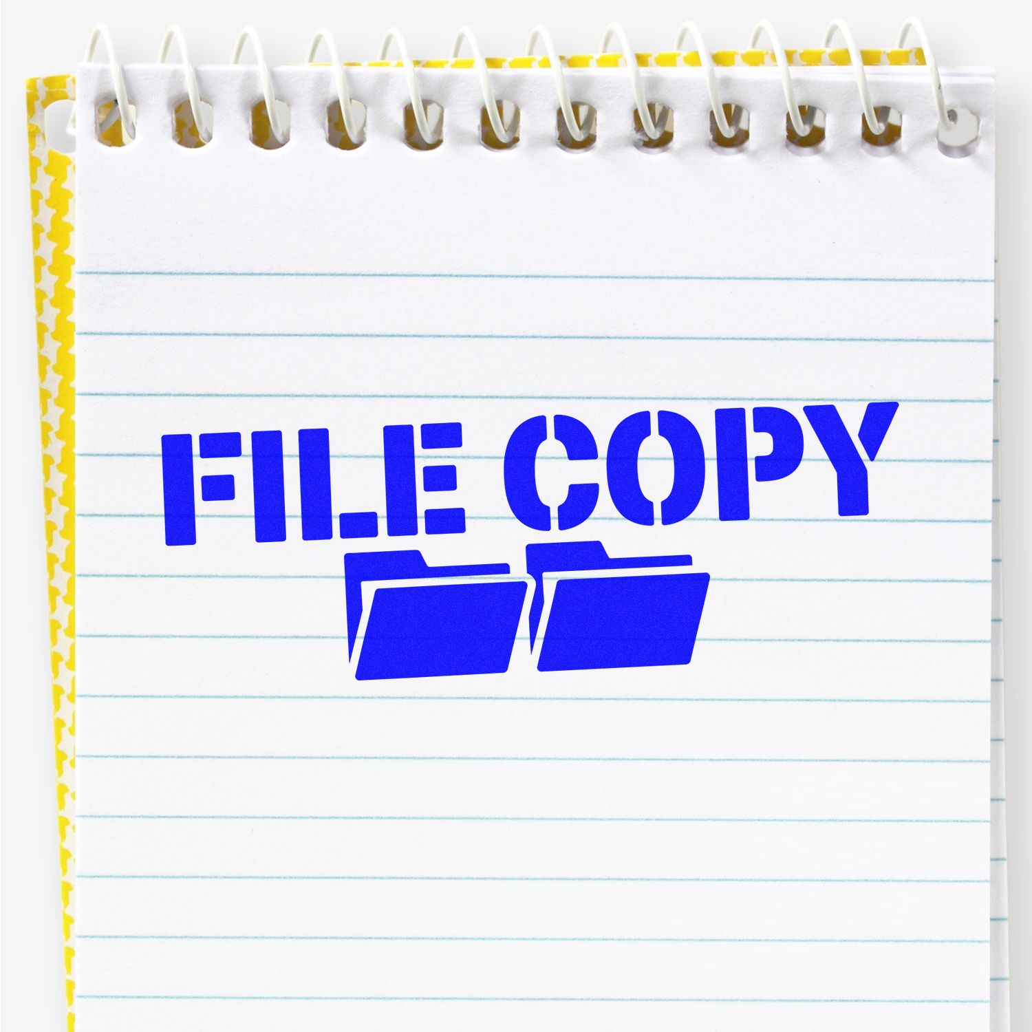 Blue FILE COPY stamp and seal design with folder icons on lined spiral notepad, yellow patterned edge.