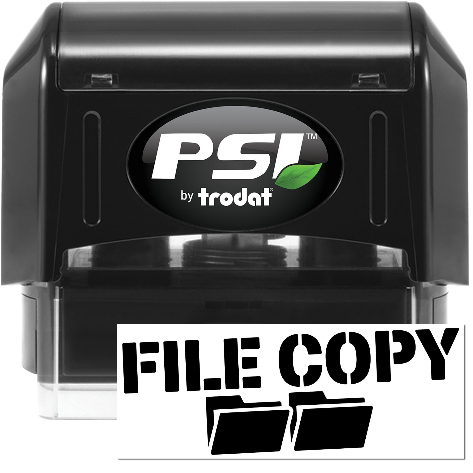 Black PSI by Trodat self-inking stamp and seal, with green leaf logo and FILE COPY imprint
