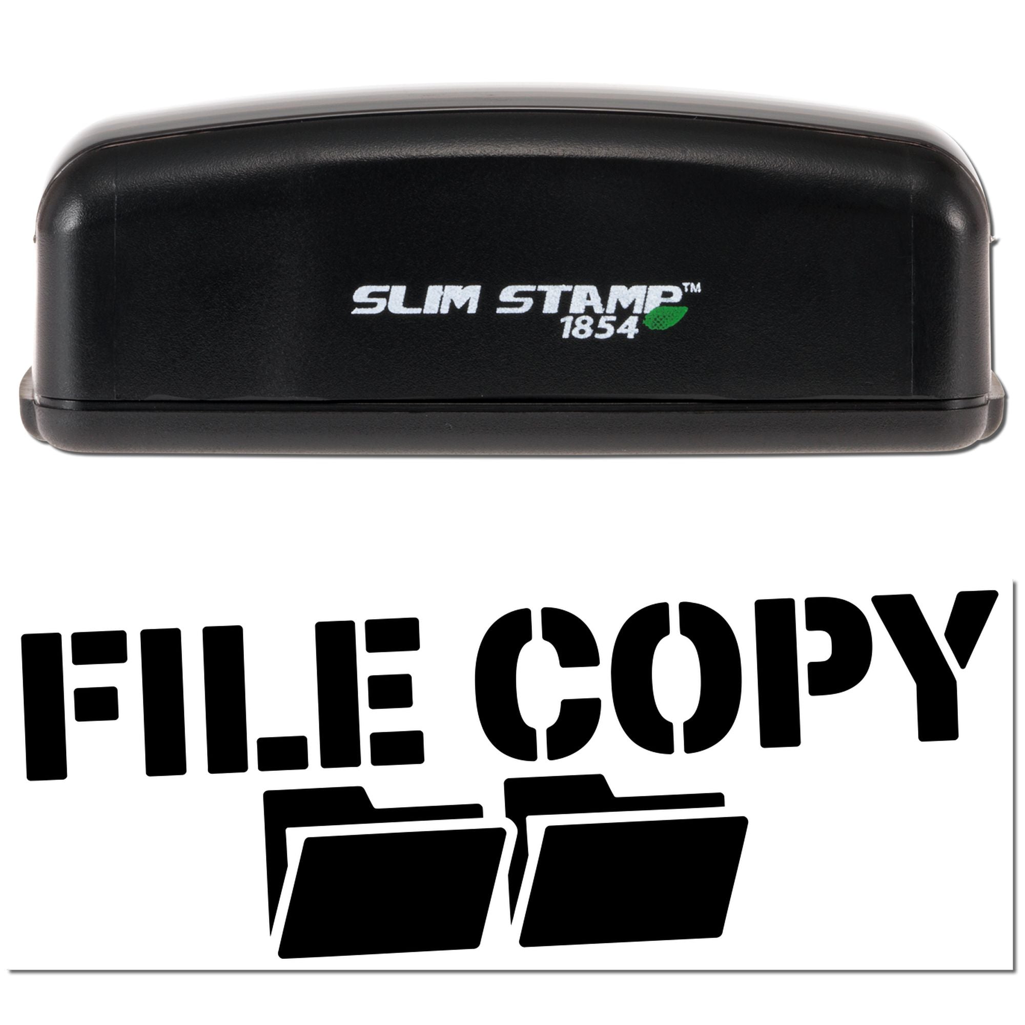 Black Slim Stamp 1854 stamp and seal embosser with white logo on a white background and bold FILE COPY folders.