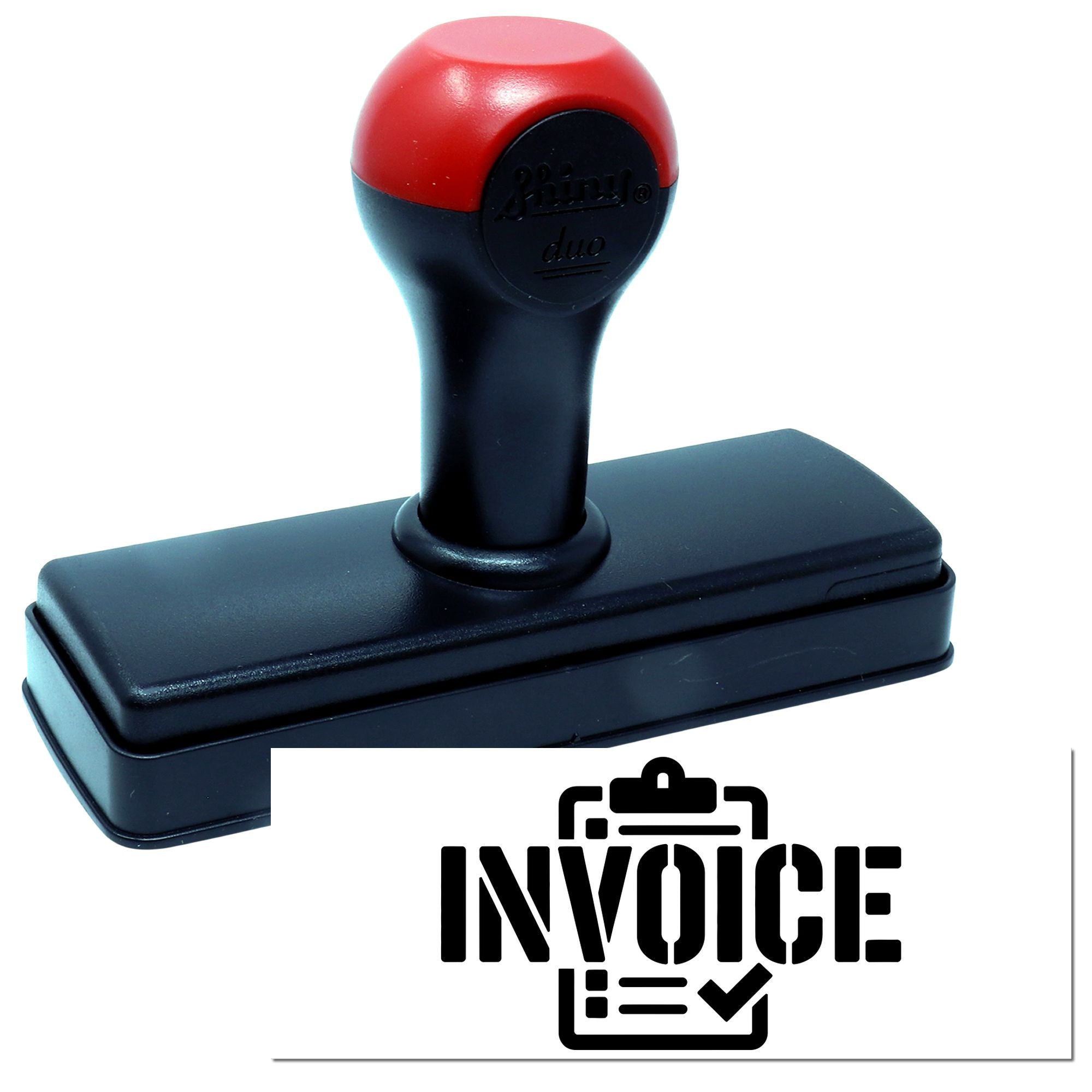 Red and black self-inking stamp and seal with rectangular black base and invoice icon