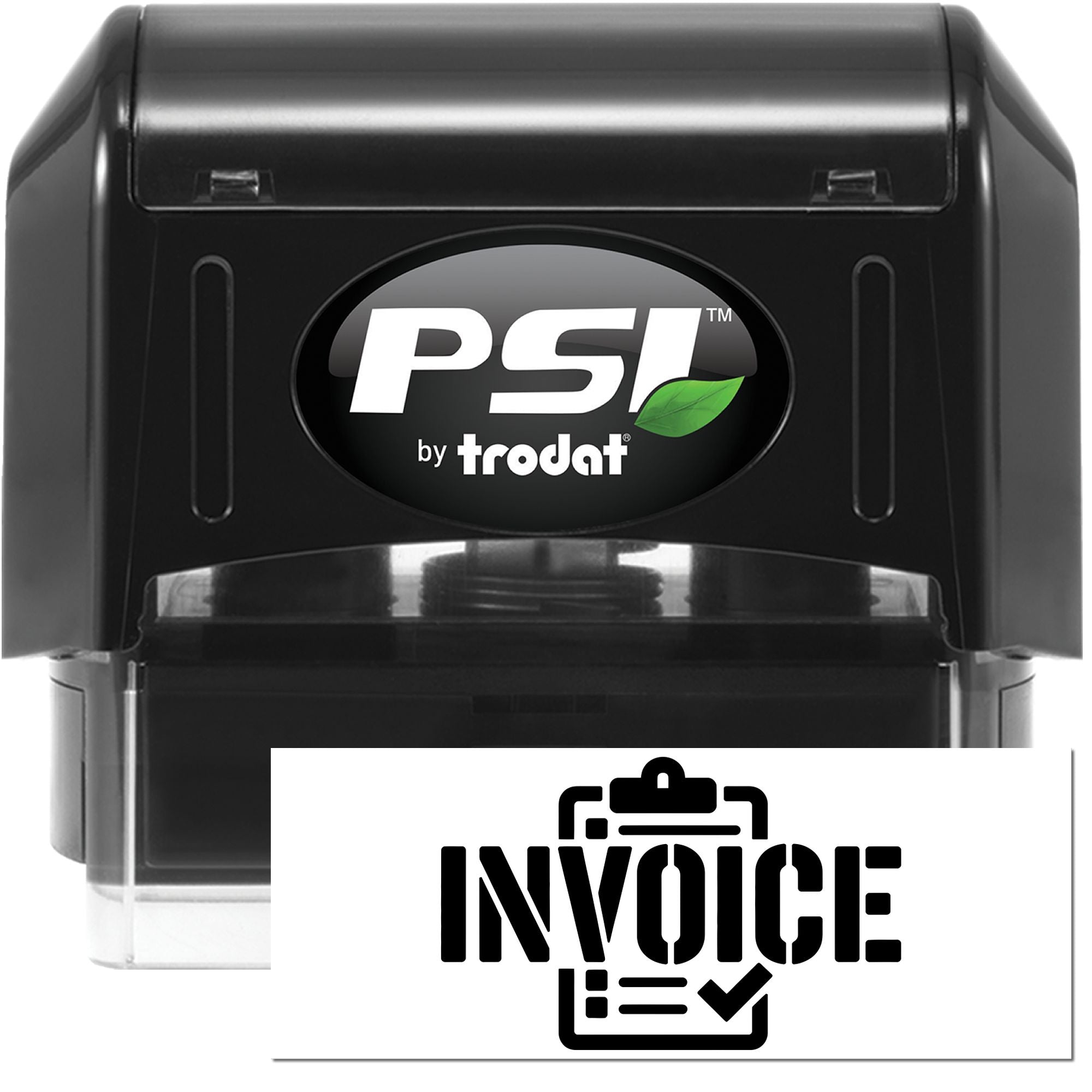 Black PSI by Trodat self-inking stamp and invoice seal logo on white background