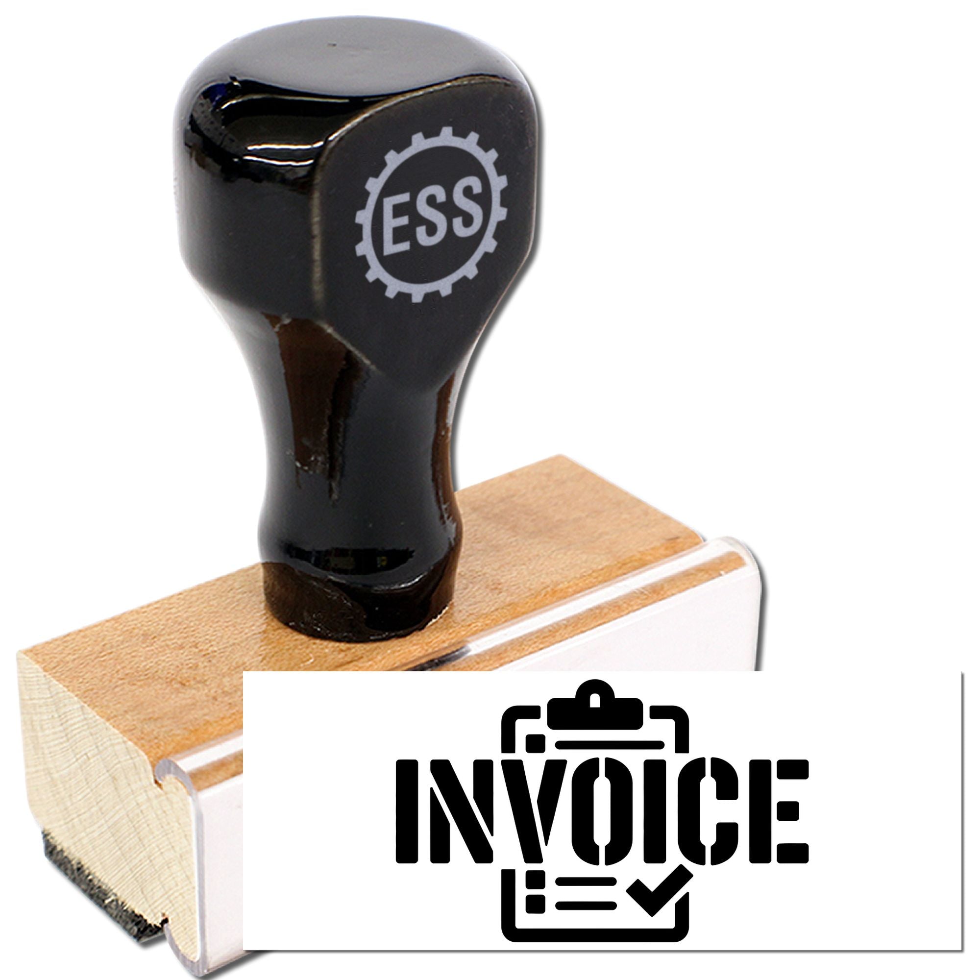 Black rubber stamp with wooden base and invoice seal graphic on white background.