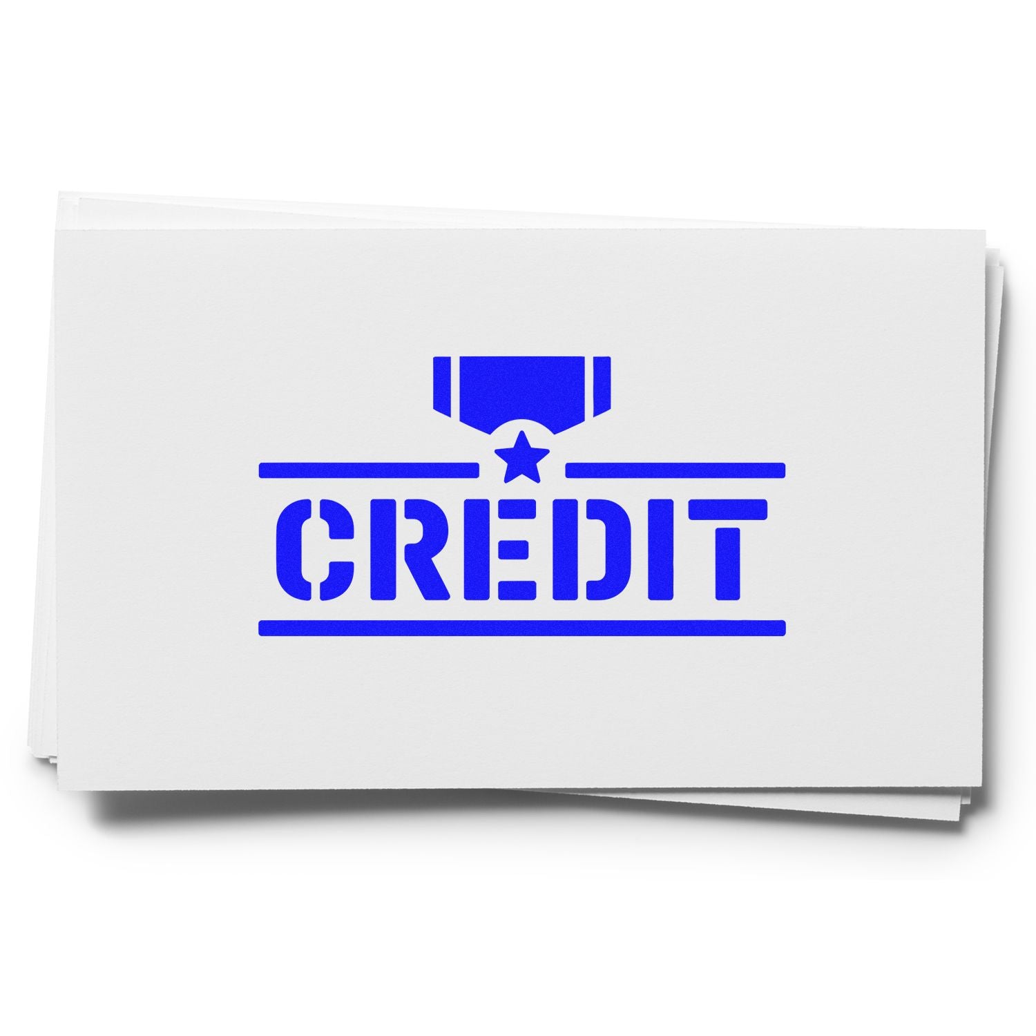 Blue CREDIT stamp seal on stacked white paper cards