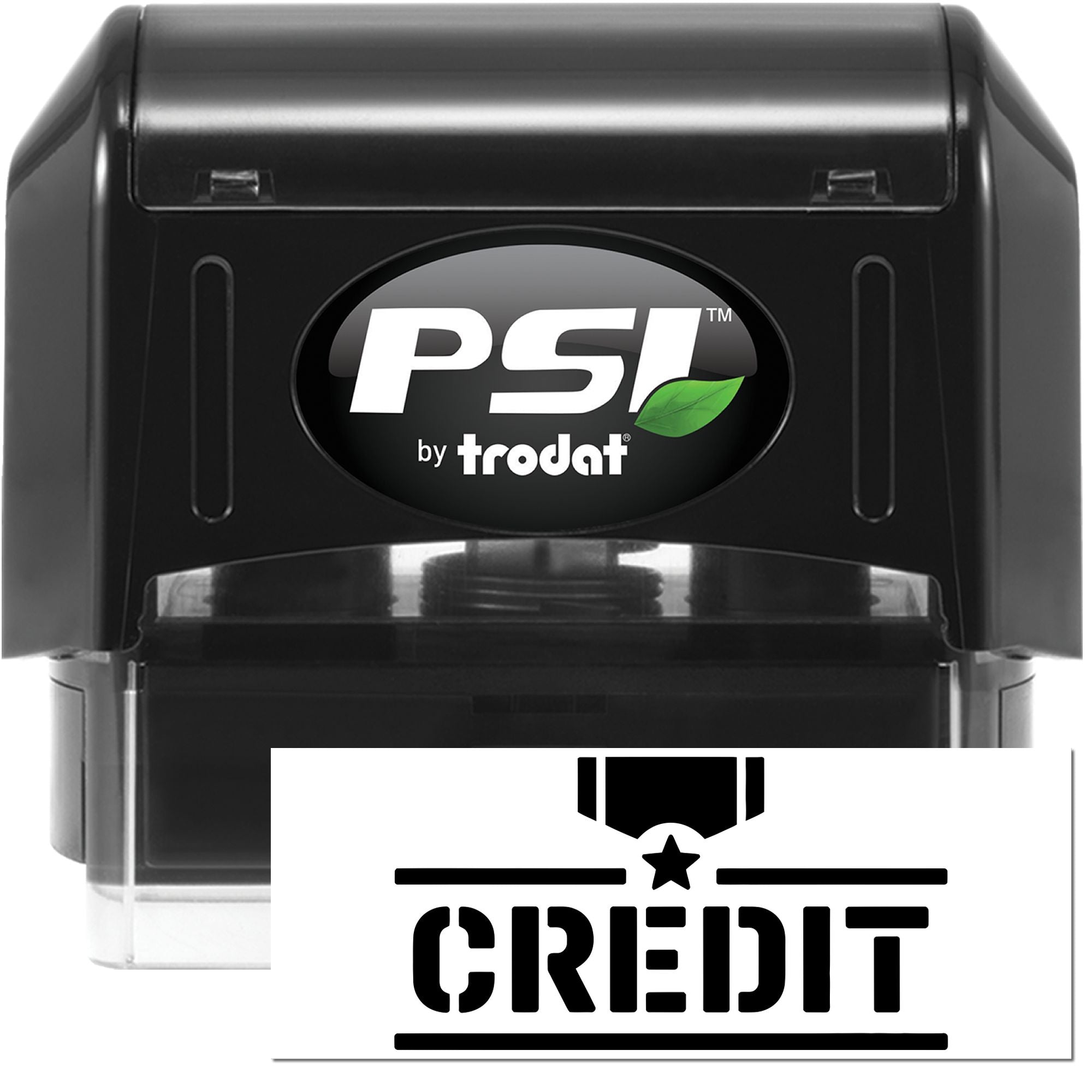 Black PSI by Trodat self-inking stamp with green leaf logo and CREDIT seal imprint