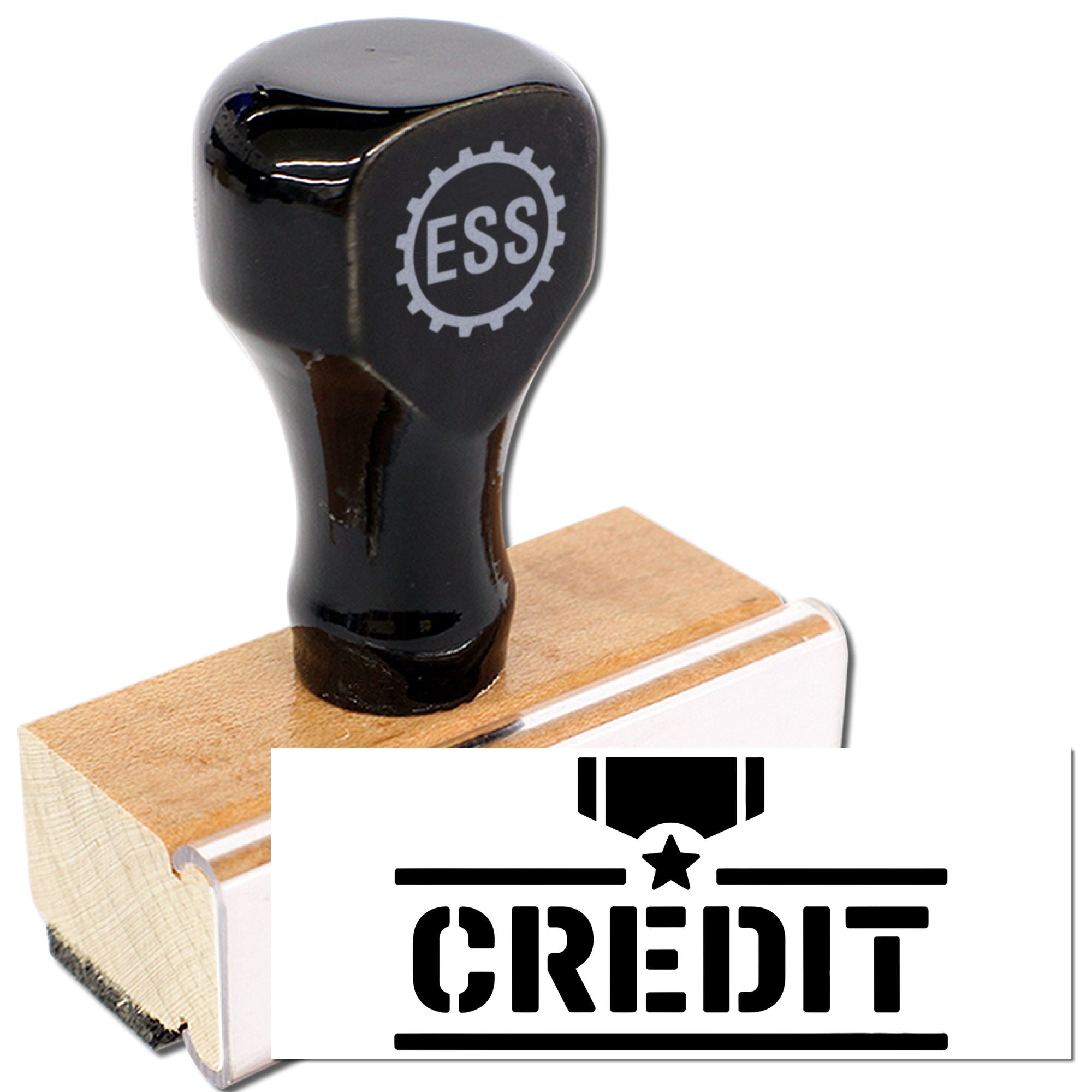 Black rubber stamp and seal with wooden handle, ESS gear logo, and bold CREDIT imprint in black and white.