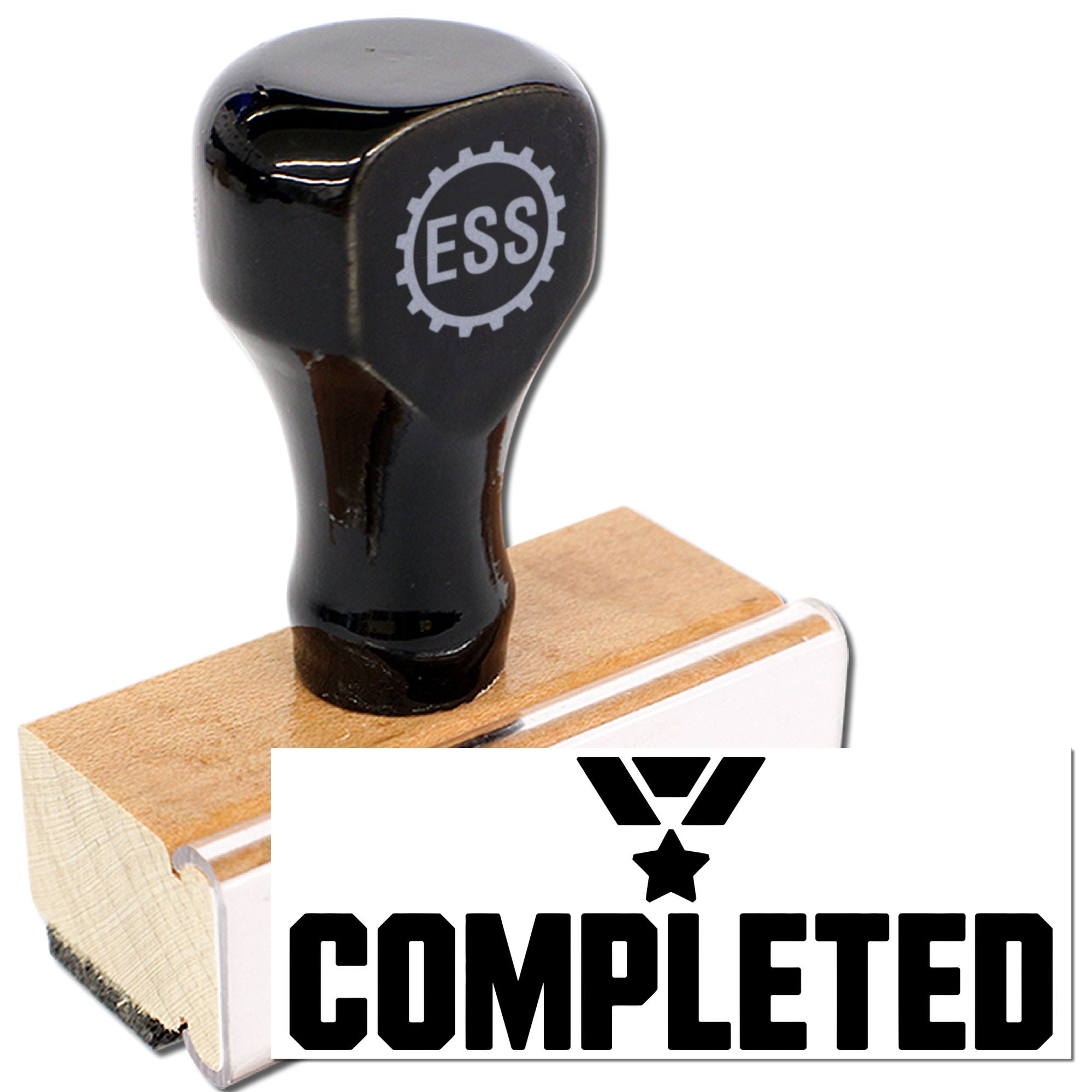 Black rubber stamp and seal product with ESS logo on a wooden handle, shown beside a bold COMPLETED imprint.