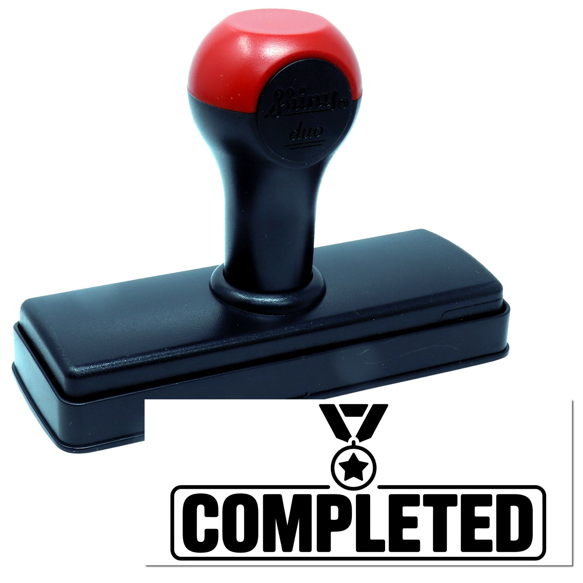 Red and black self-inking stamp with bold COMPLETED seal and star emblem.