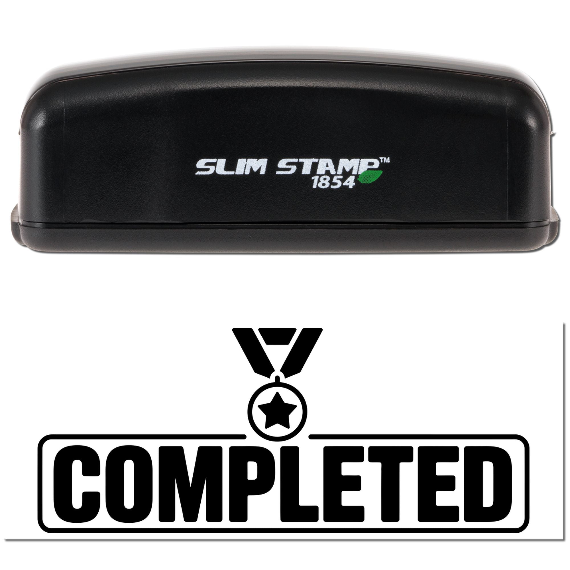 Black Slim Stamp 1854 embossing seal with green leaf logo and completed impression reading COMPLETED.