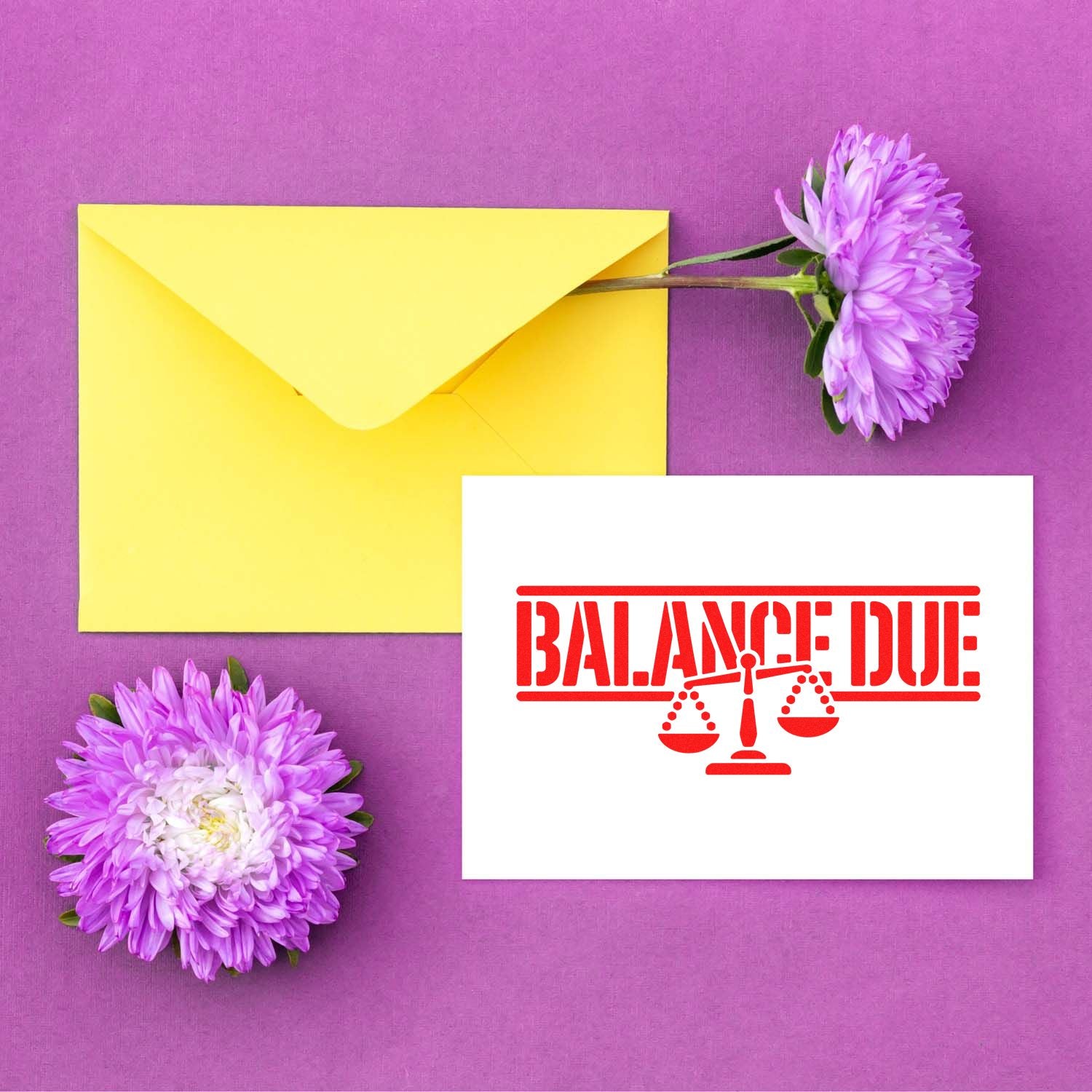 Yellow envelope on purple background with lavender flowers and a white card featuring a red BALANCE DUE stamp and scales.