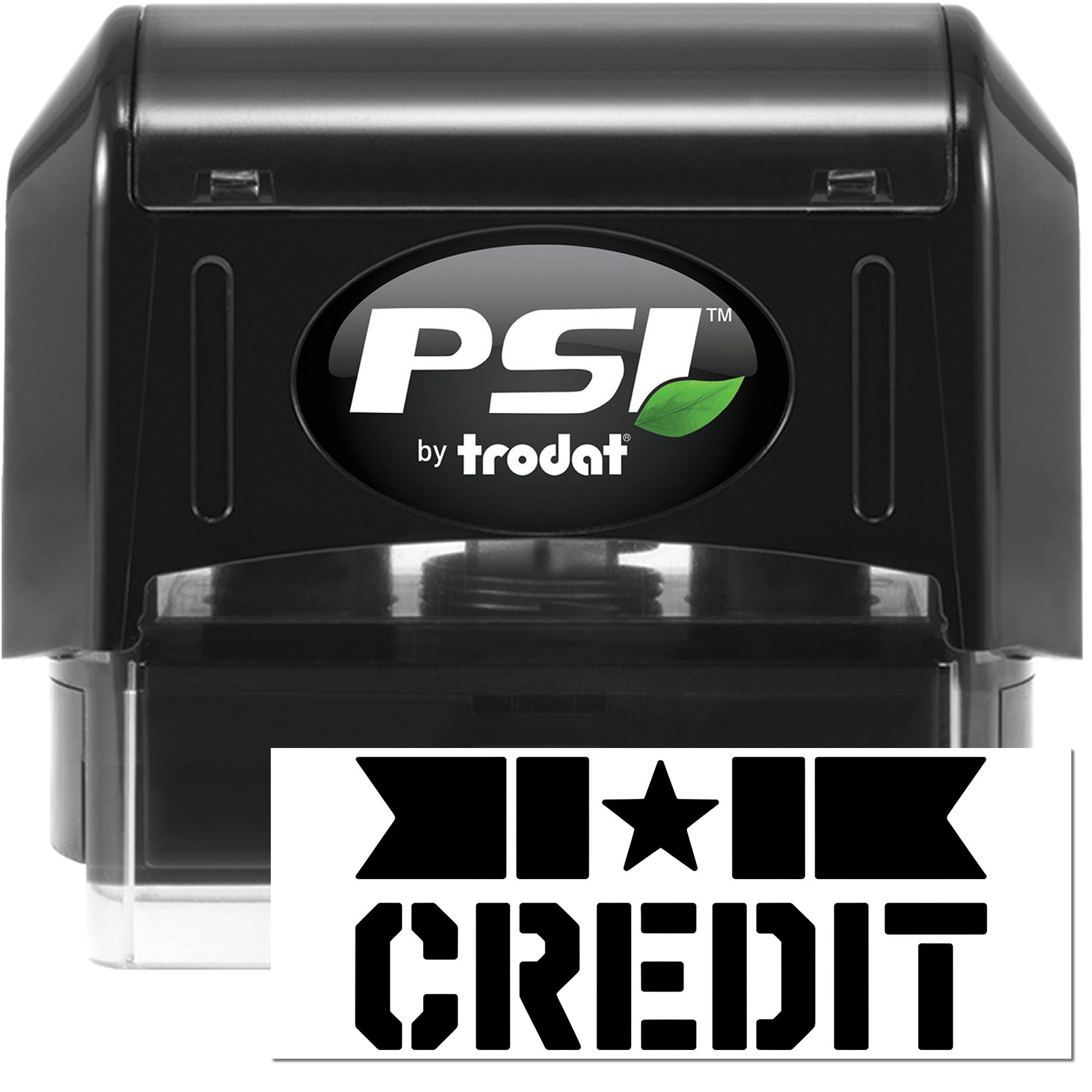 Black PSI by Trodat self-inking stamp and CREDIT seal with white logo, green leaf, and bold black imprint.