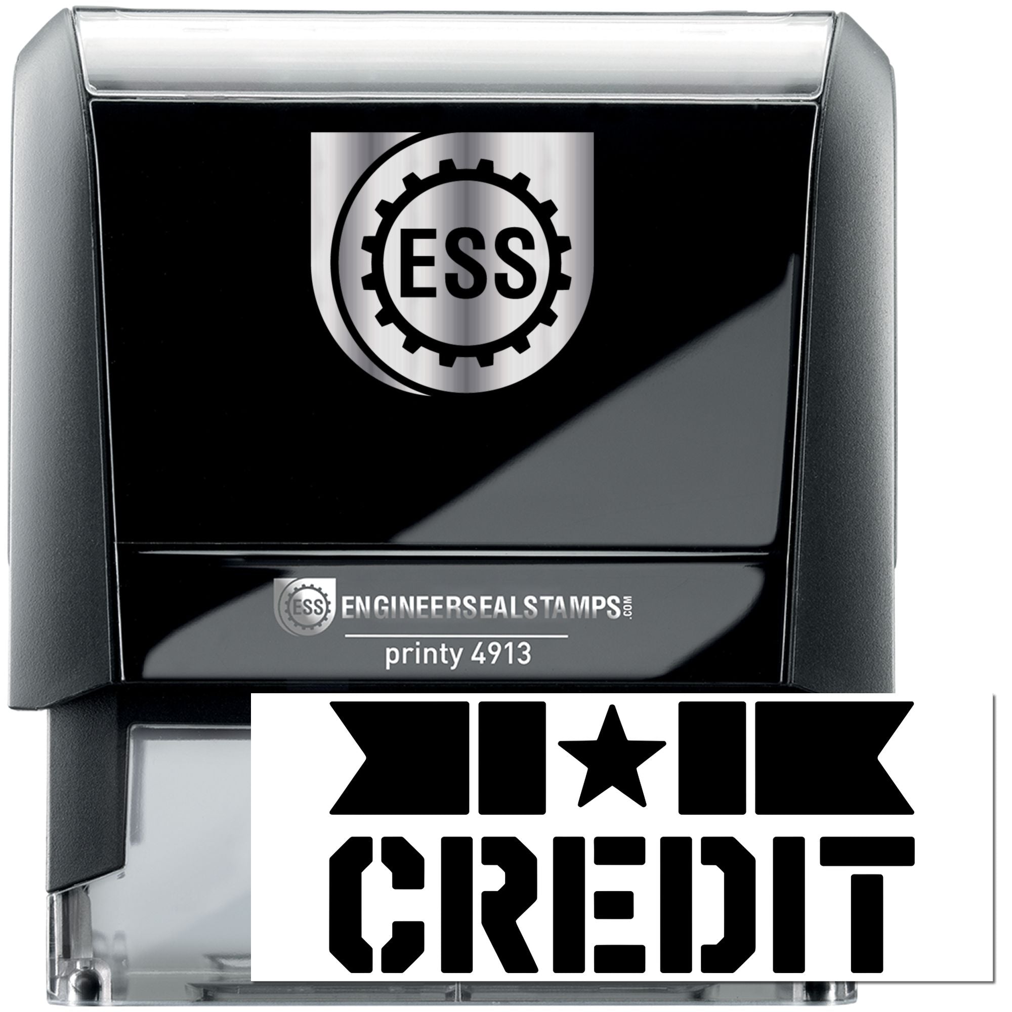Black and silver self-inking engineer seal stamp with ESS logo and CREDIT imprint