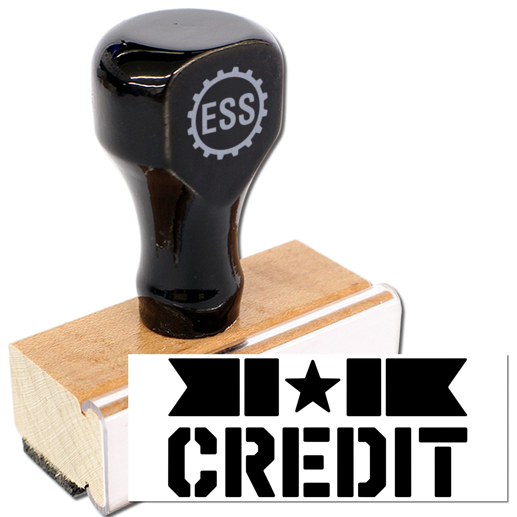 Black rubber stamp and CREDIT seal product with wooden base on white background.