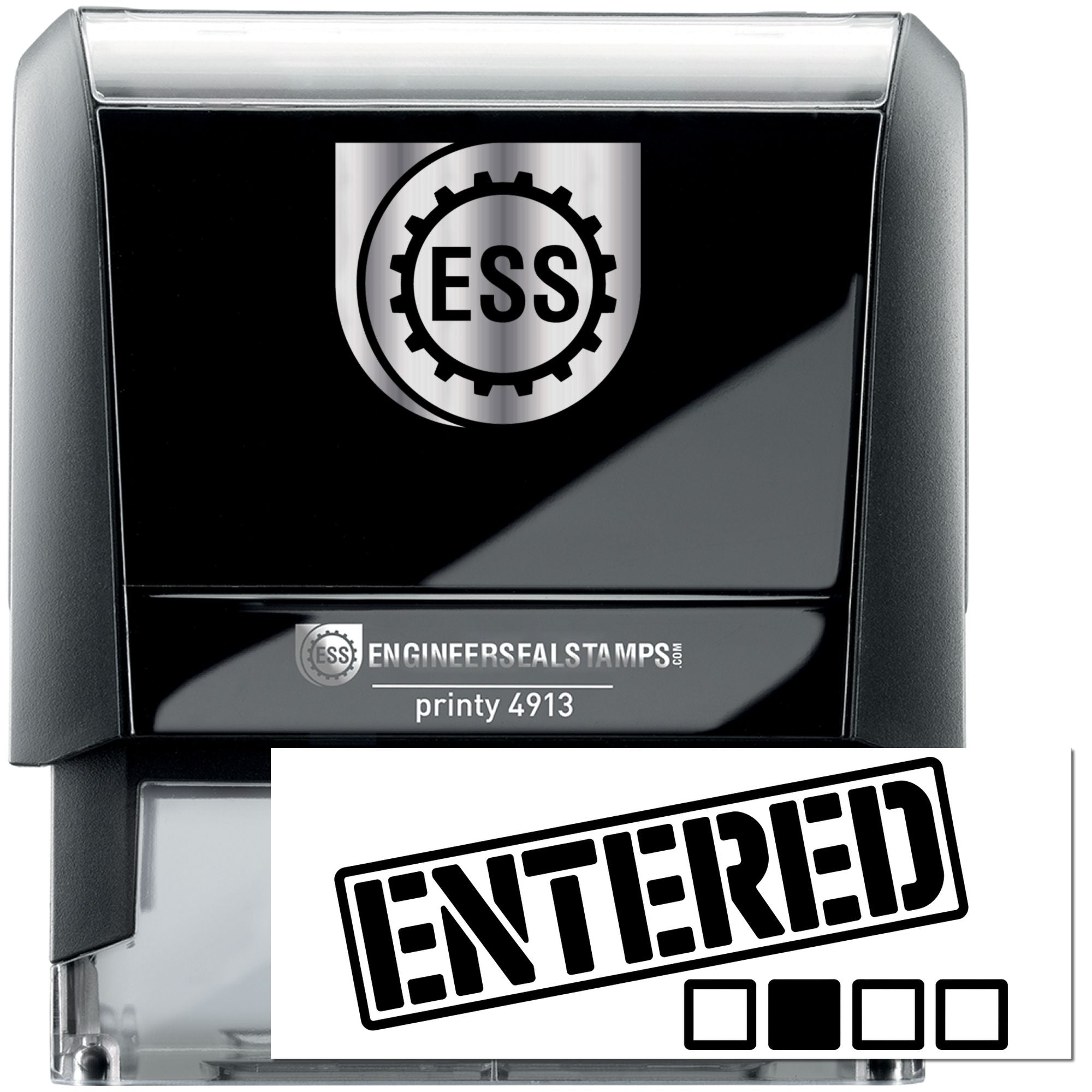 Black and silver self-inking engineer seal stamp with ESS logo and bold ENTERED imprint