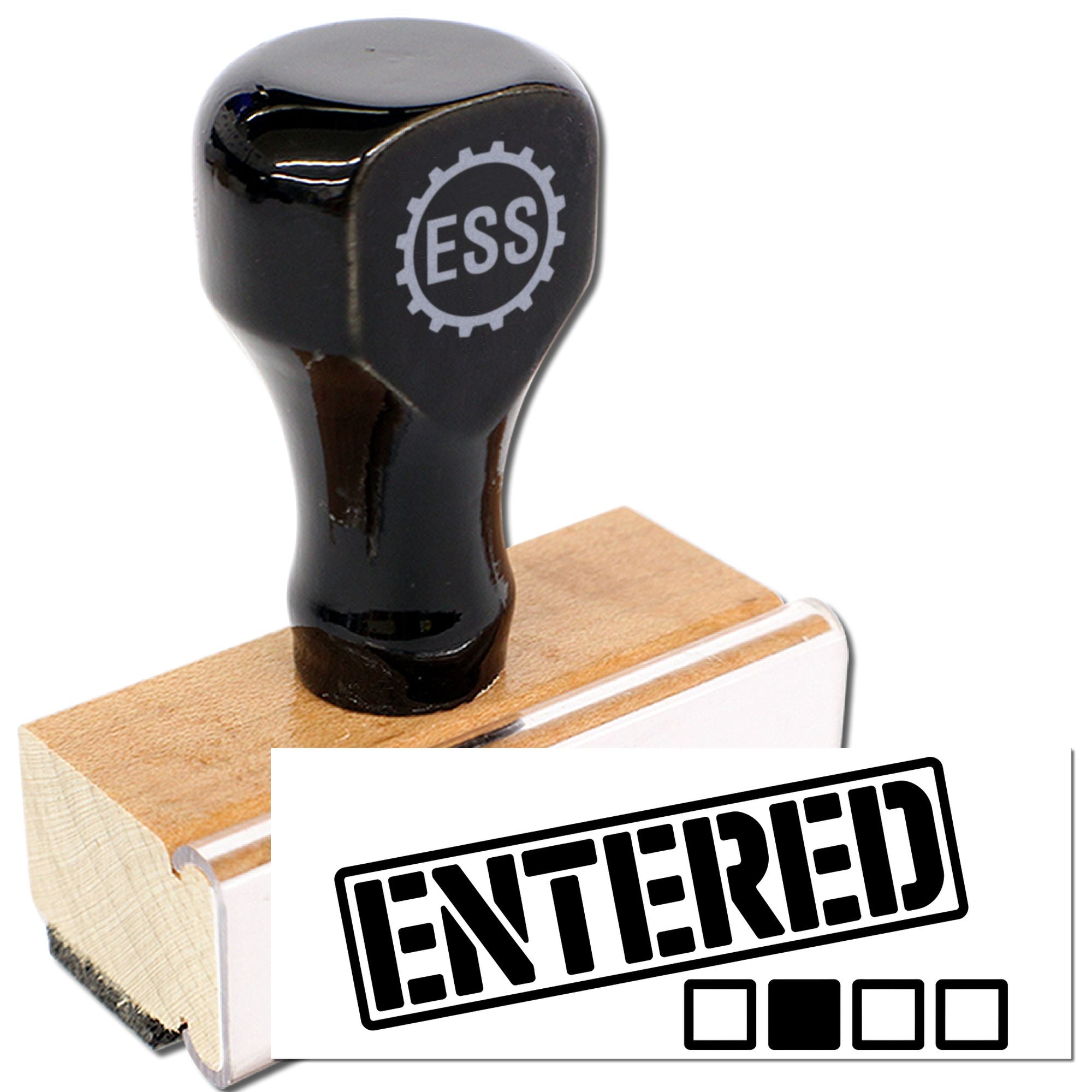 Black ESS self-inking stamp and seal with wooden base, making an ENTERED mark on white paper.