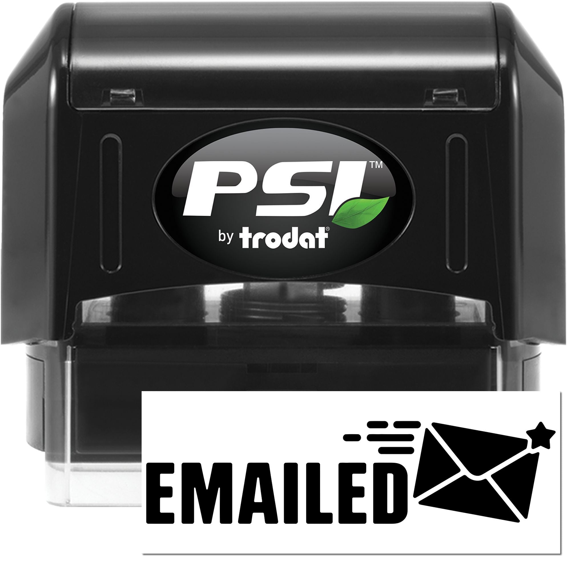 Black PSI by Trodat self-inking stamp with Emailed seal and clear case, for office mailing.