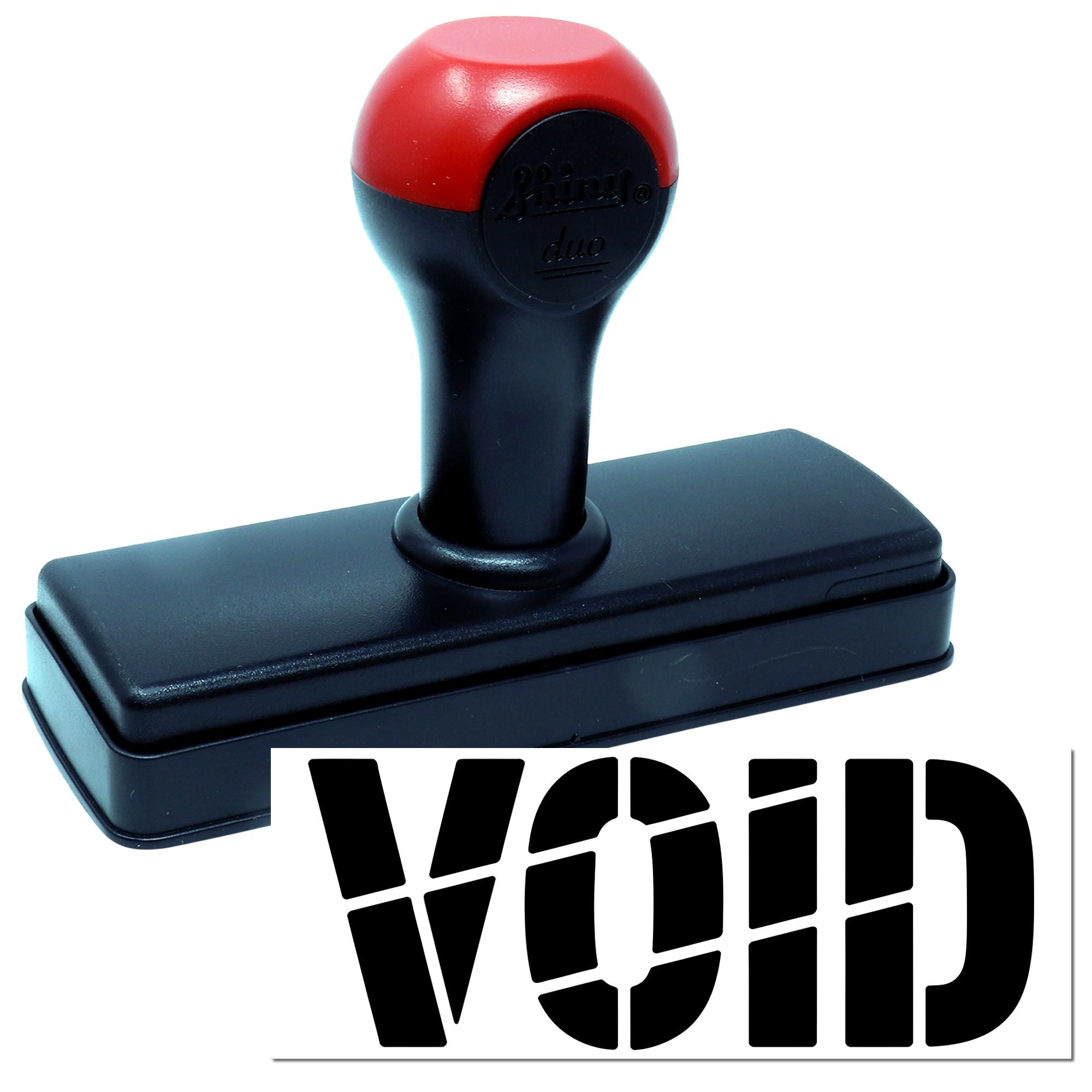 Red and black self-inking stamp and seal with bold VOID marking on a white background.