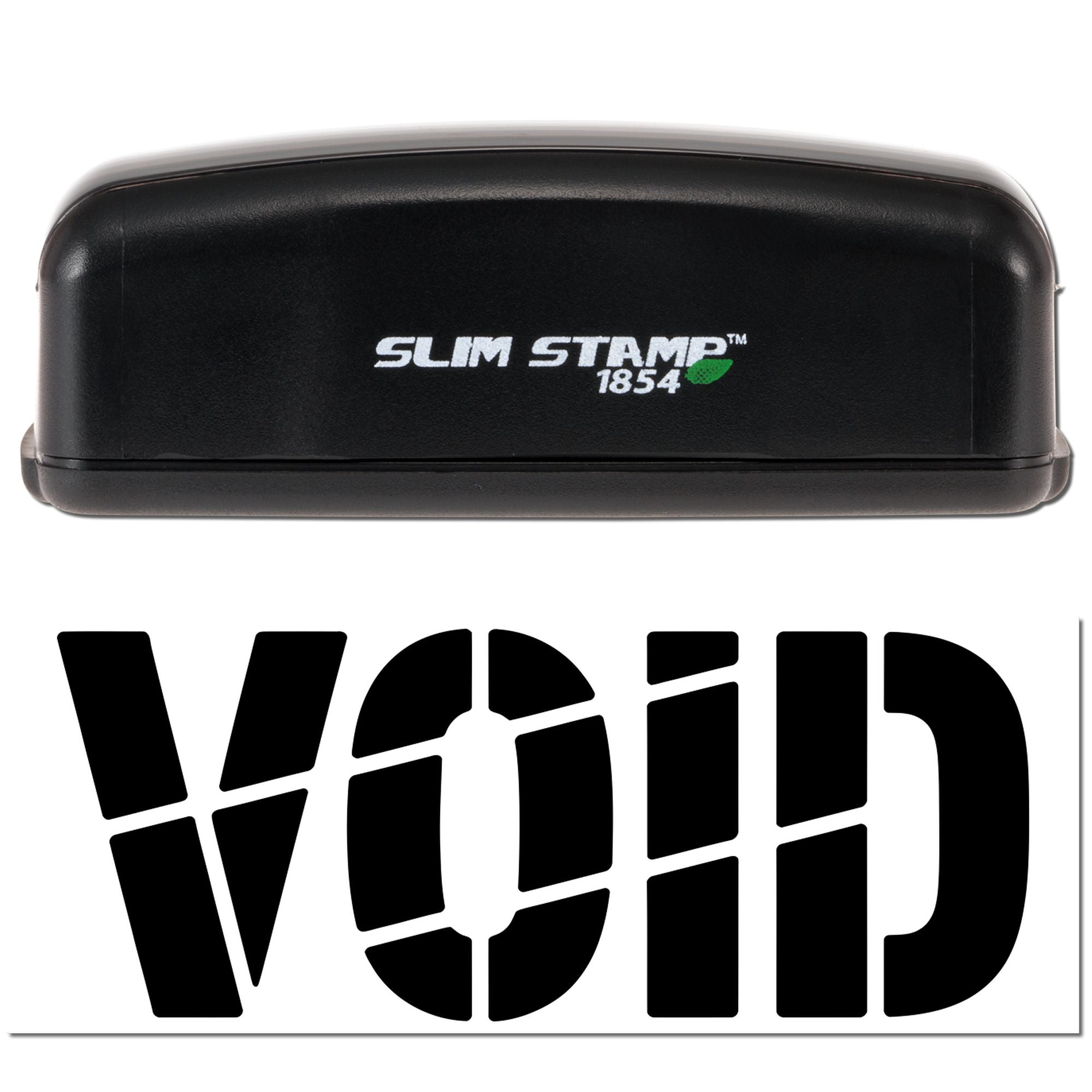 Black Slim Stamp 1854 self-inking stamp with bold VOID security seal, white background.