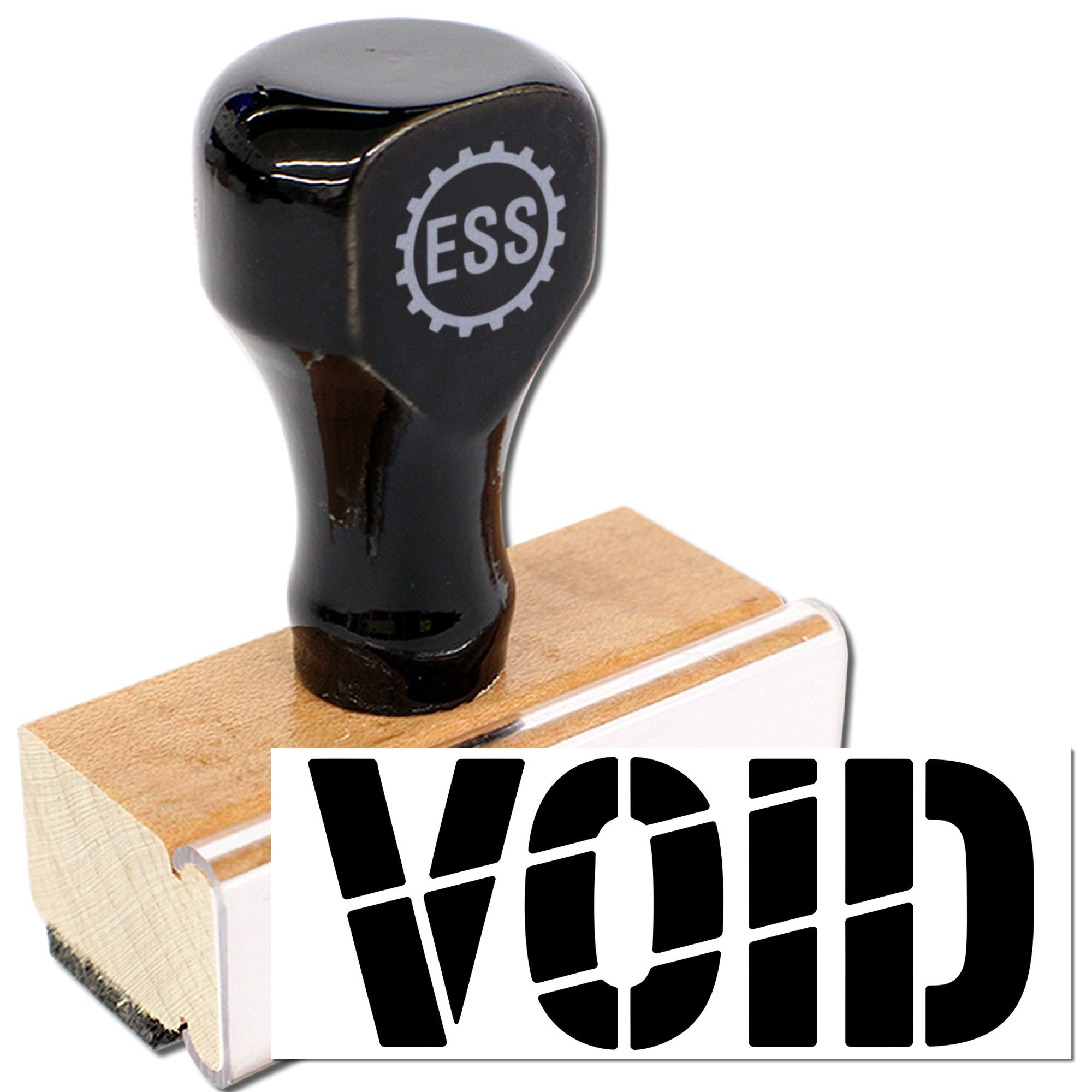 Black ESS void stamp with wooden handle and white block showing bold VOID seal.