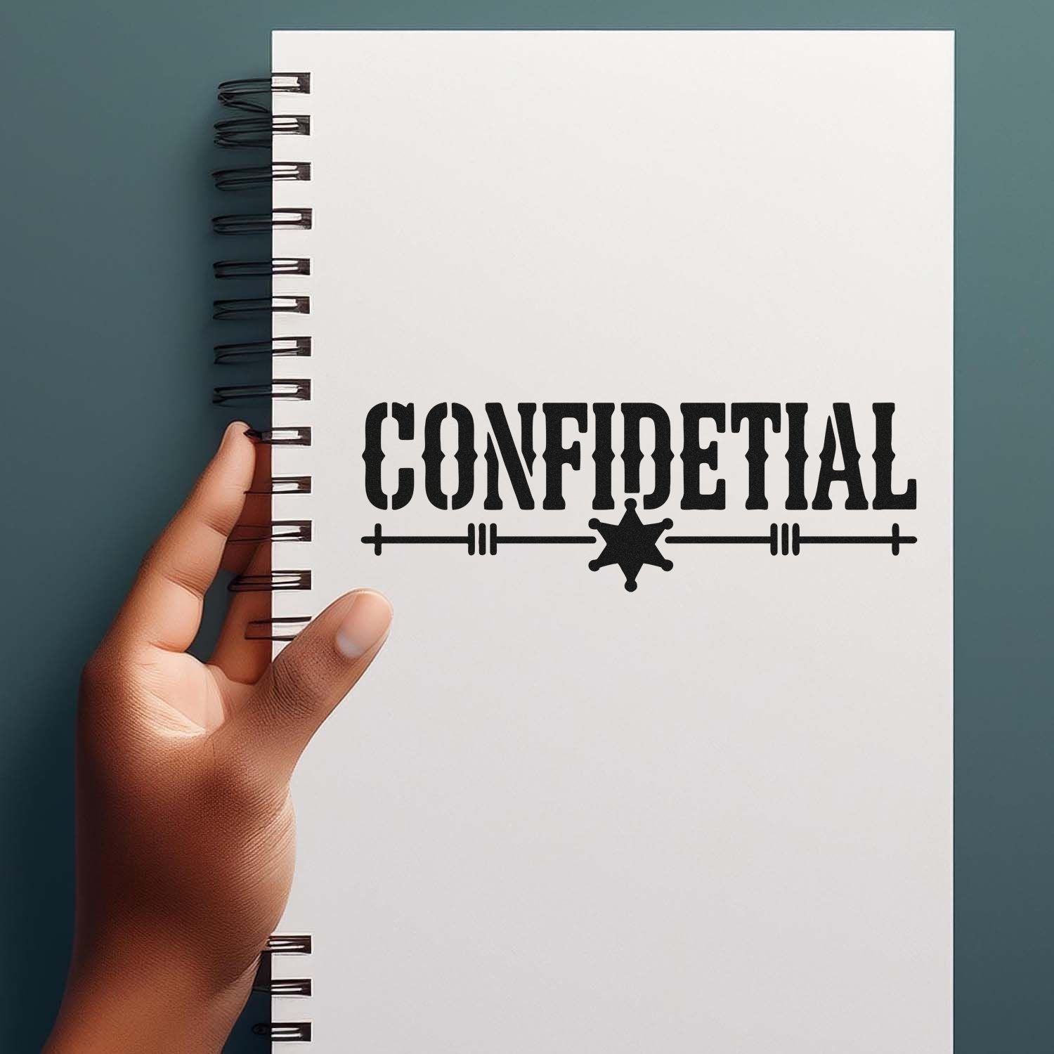 White spiral notebook with bold black CONFIDENTIAL stamp seal, held by hand against a teal background.