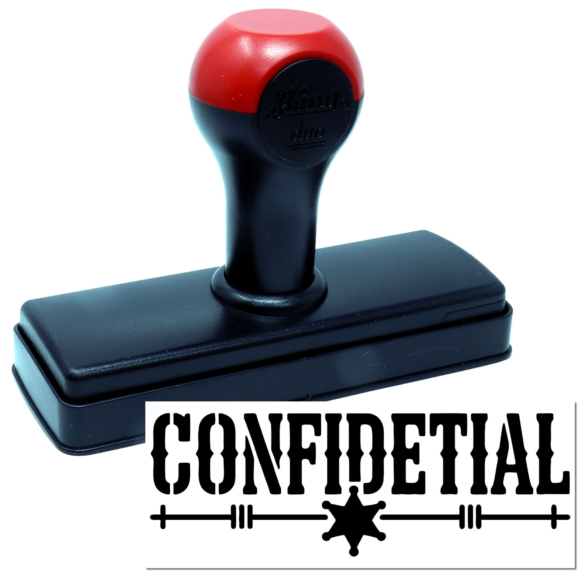 Red and black self-inking confidentiality stamp with large rectangular base and bold CONFIDENTIAL seal mark.