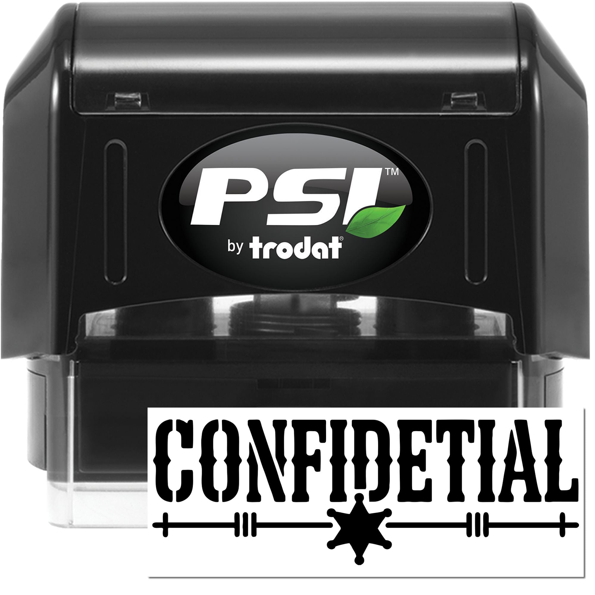 Black PSI by Trodat confidential self-inking stamp and seal, black case with white text, green leaf logo, and clear base.