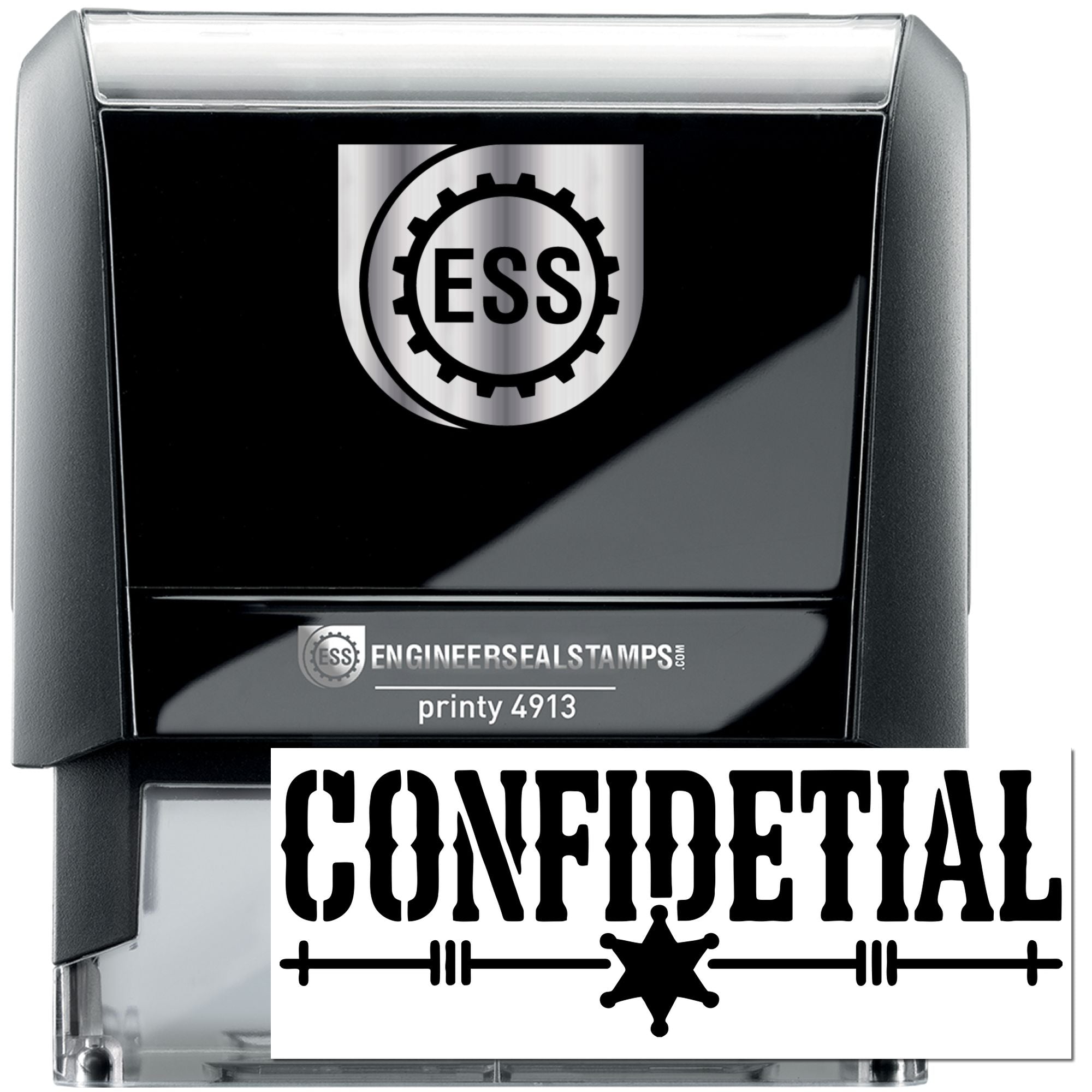 Black and silver self-inking engineer seal stamp with ESS logo and bold CONFIDENTIAL imprint.