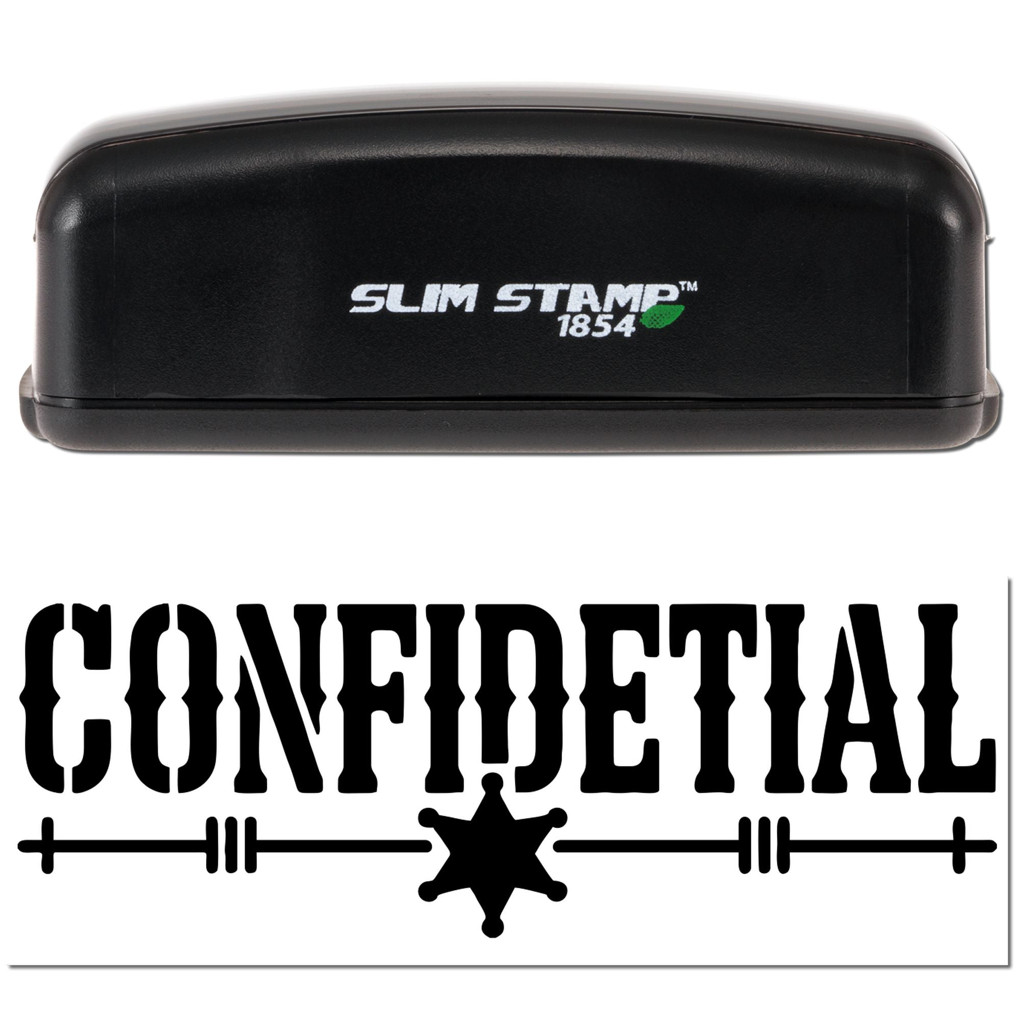 Black Slim Stamp 1854 self-inking stamp and bold Confidential seal on white background