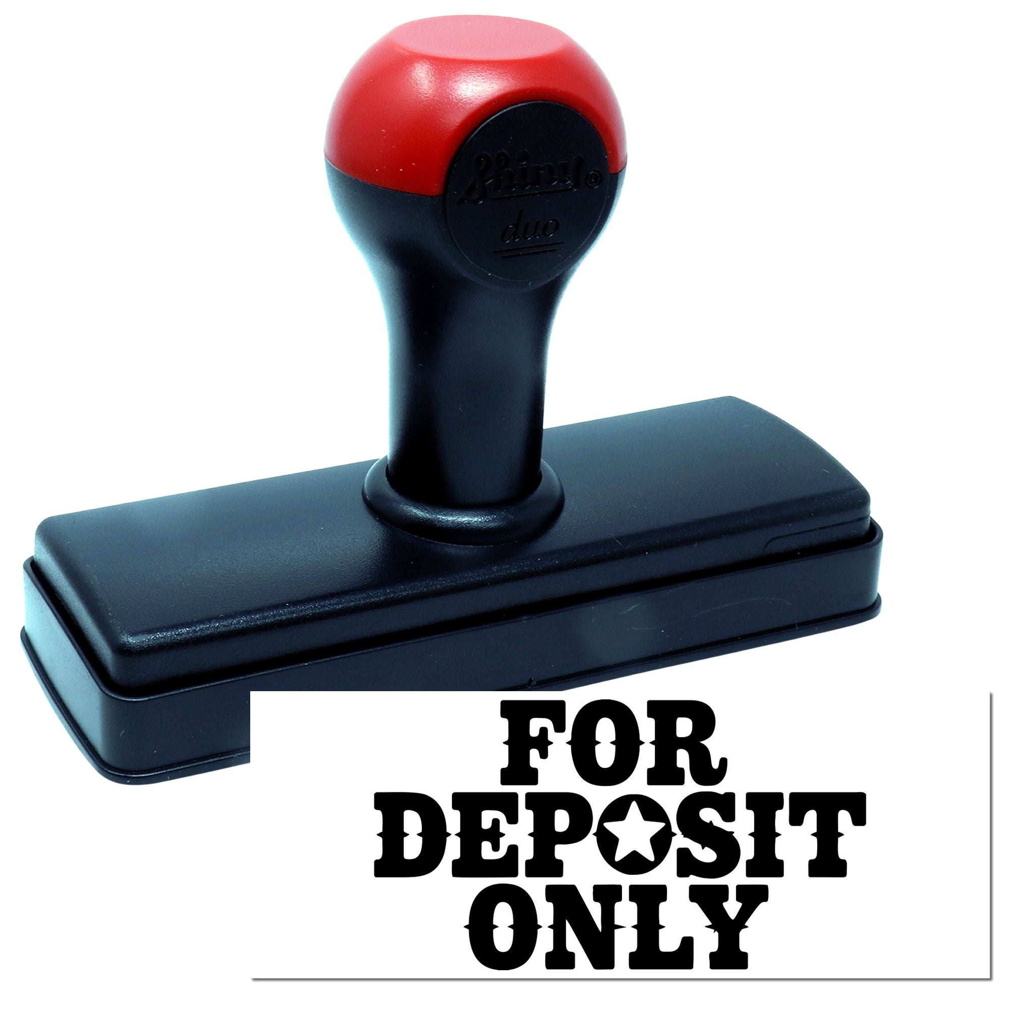 Red and black self-inking seal stamp with rectangular base and bold FOR DEPOSIT ONLY impression.