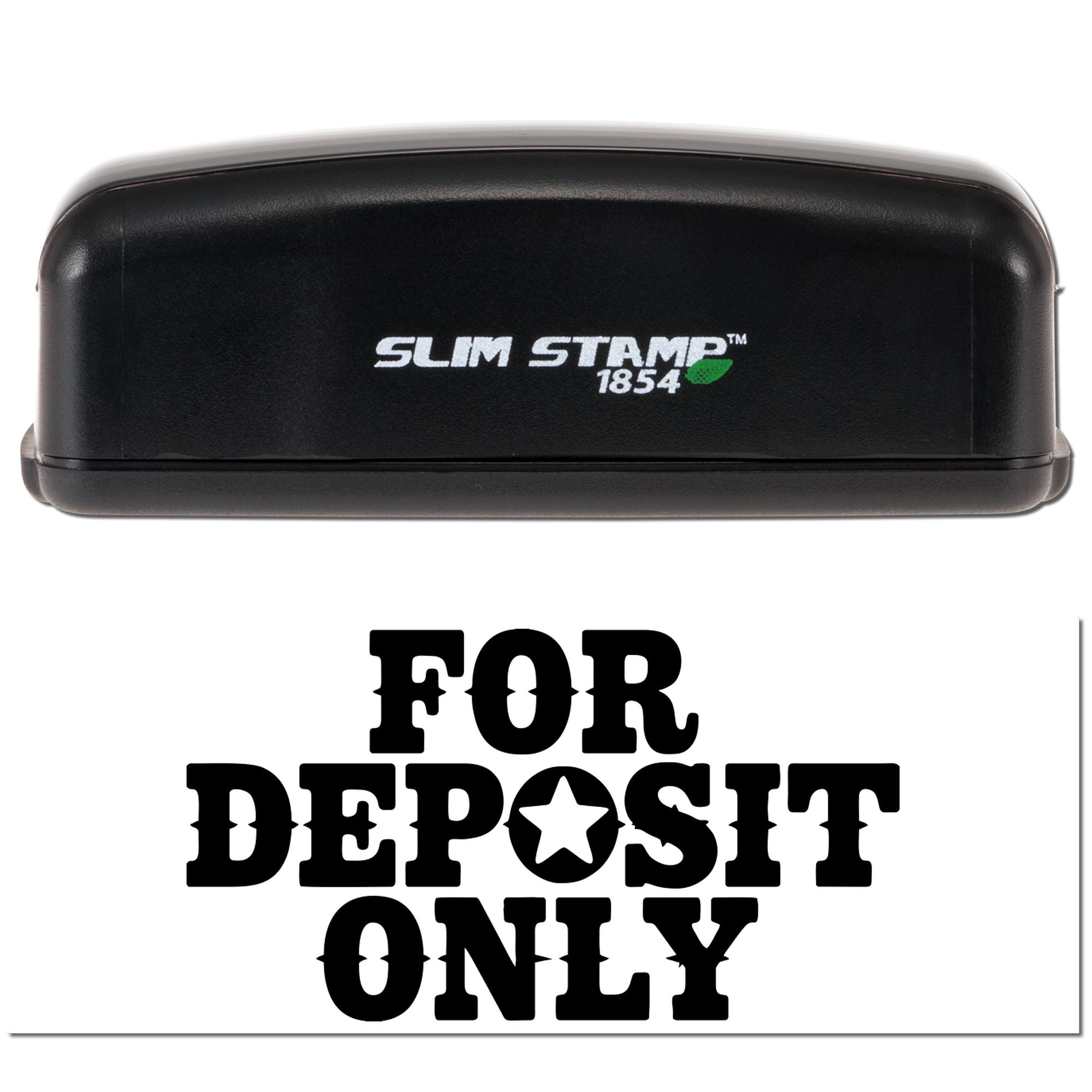Black Slim Stamp 1854 self-inking stamp and deposit seal with bold FOR DEPOSIT ONLY text on a white background.