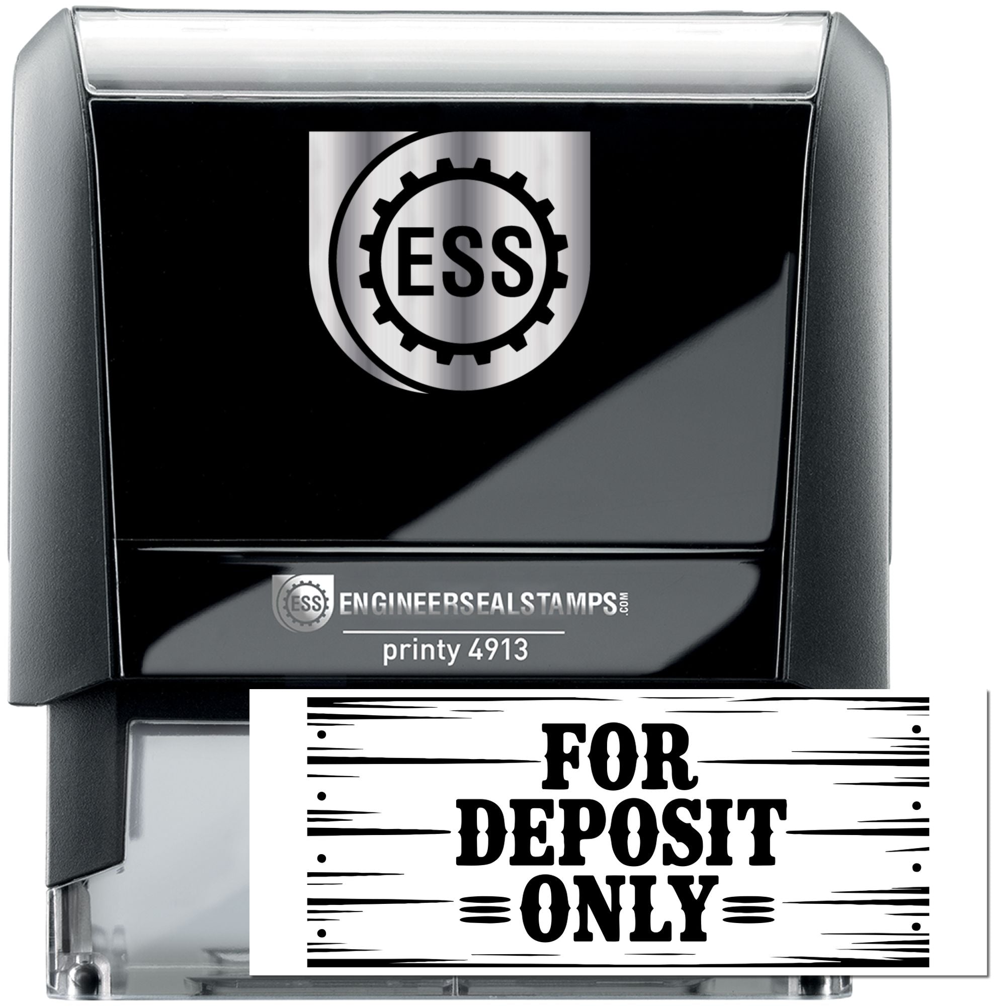 Black and silver self-inking stamp and seal set with ESS logo and white FOR DEPOSIT ONLY deposit stamp.