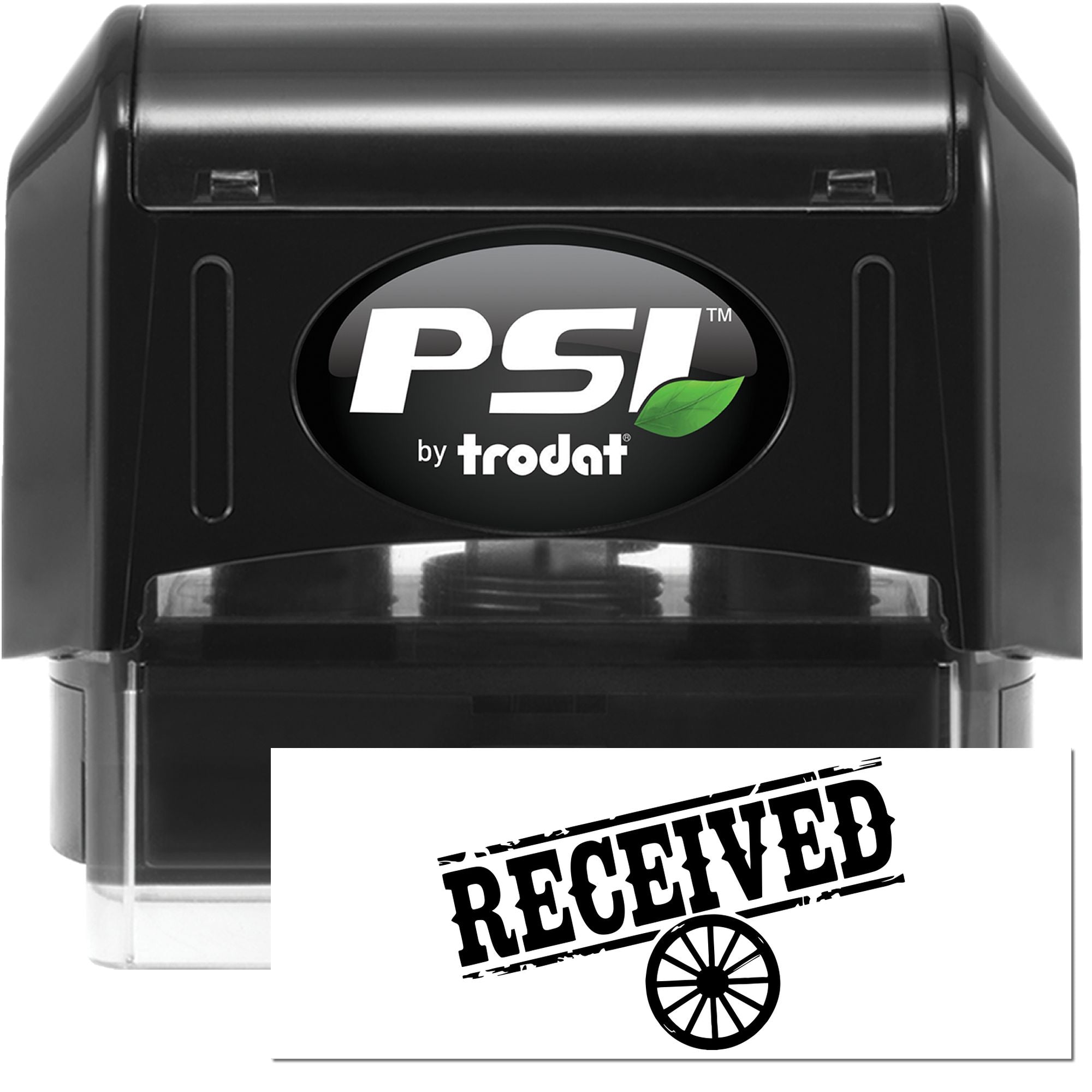 Black PSI by Trodat self-inking stamp and seal, with bold RECEIVED black imprint on white card